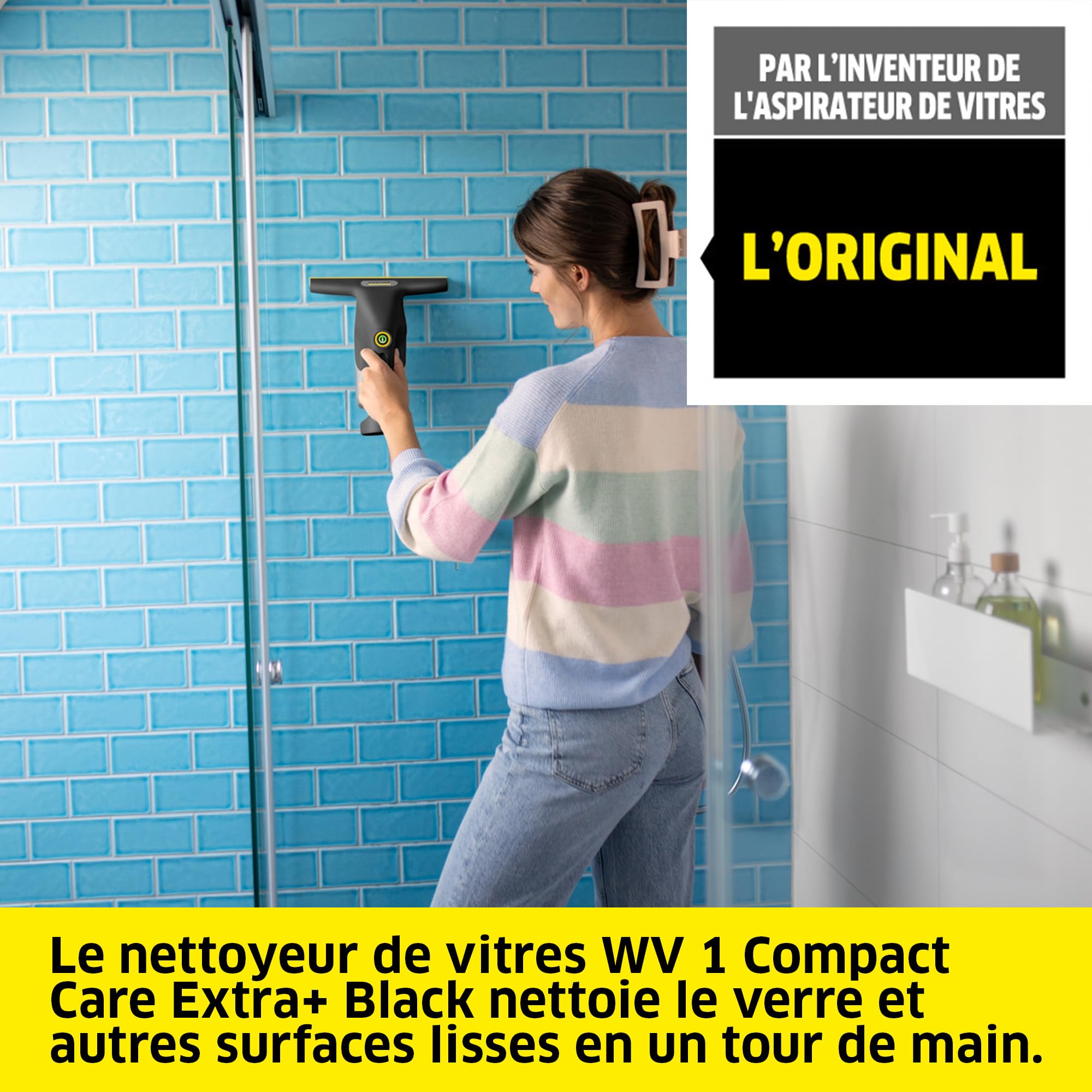 Kärcher nettoyeur de vitres sans fil WV 1 Compact Care Extra+ Black, autonomie : 25 min, réservoir : 100 ml, poids : 0,5 kg, pulvérisateur avec bonnette en microfibres, nettoyant pour vitres (500 ml)