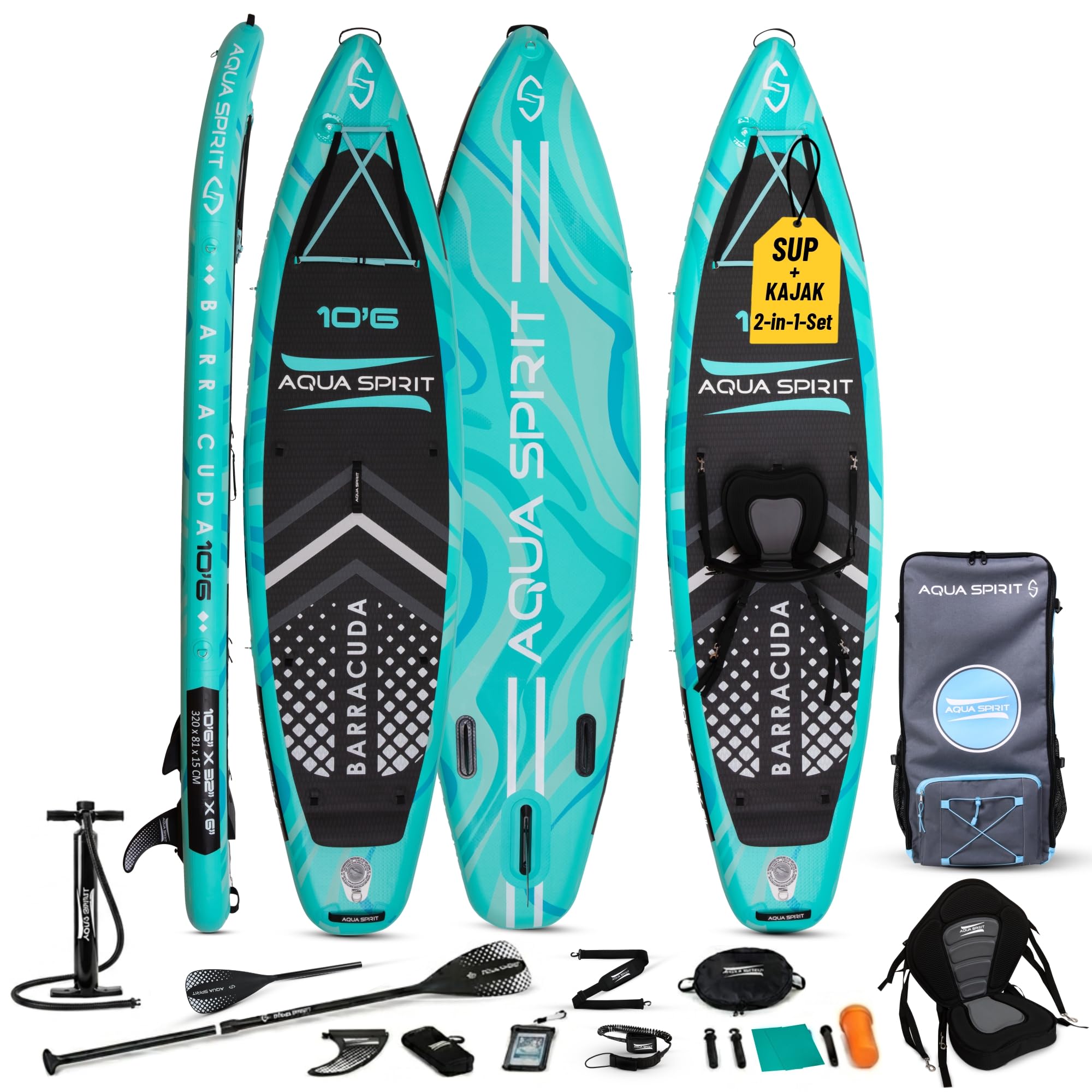 Aqua Spirit Sup Board mit Sitz | Kajak Aufblasbar Barracuda Stand Up Paddling Board 320x81x15cm Für Standup Paddle Board bis 150KG mit Sup Sitz, Doppelpaddel, Pumpe, Tasche & Zubehör Sup Set