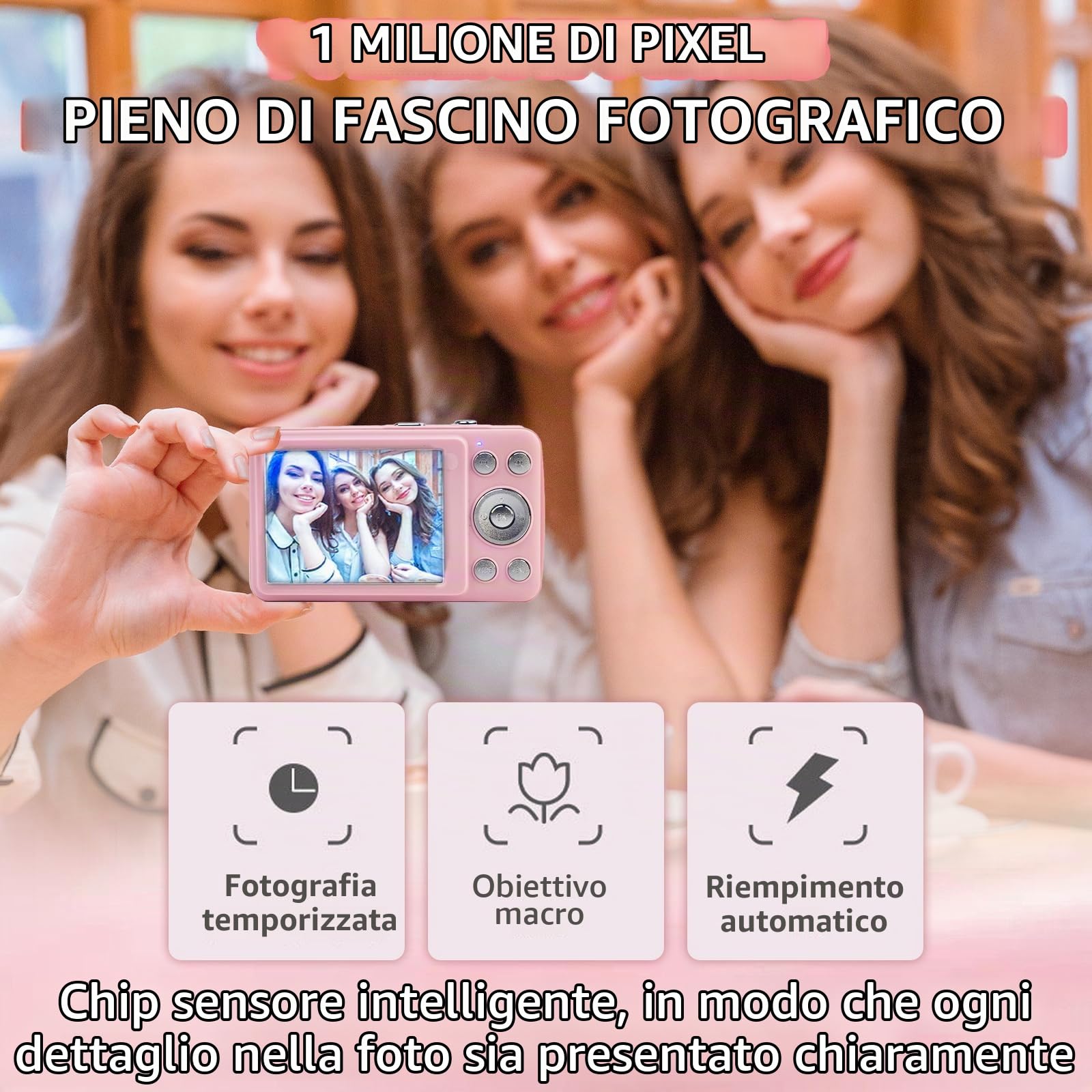 Fotocamera digitale, 16MP 1080P FHD con display da 2,4 pollici, zoom 16x, autofocus, anti-shake, fotocamera compatta e portatile entry-level per foto e video, Rosa