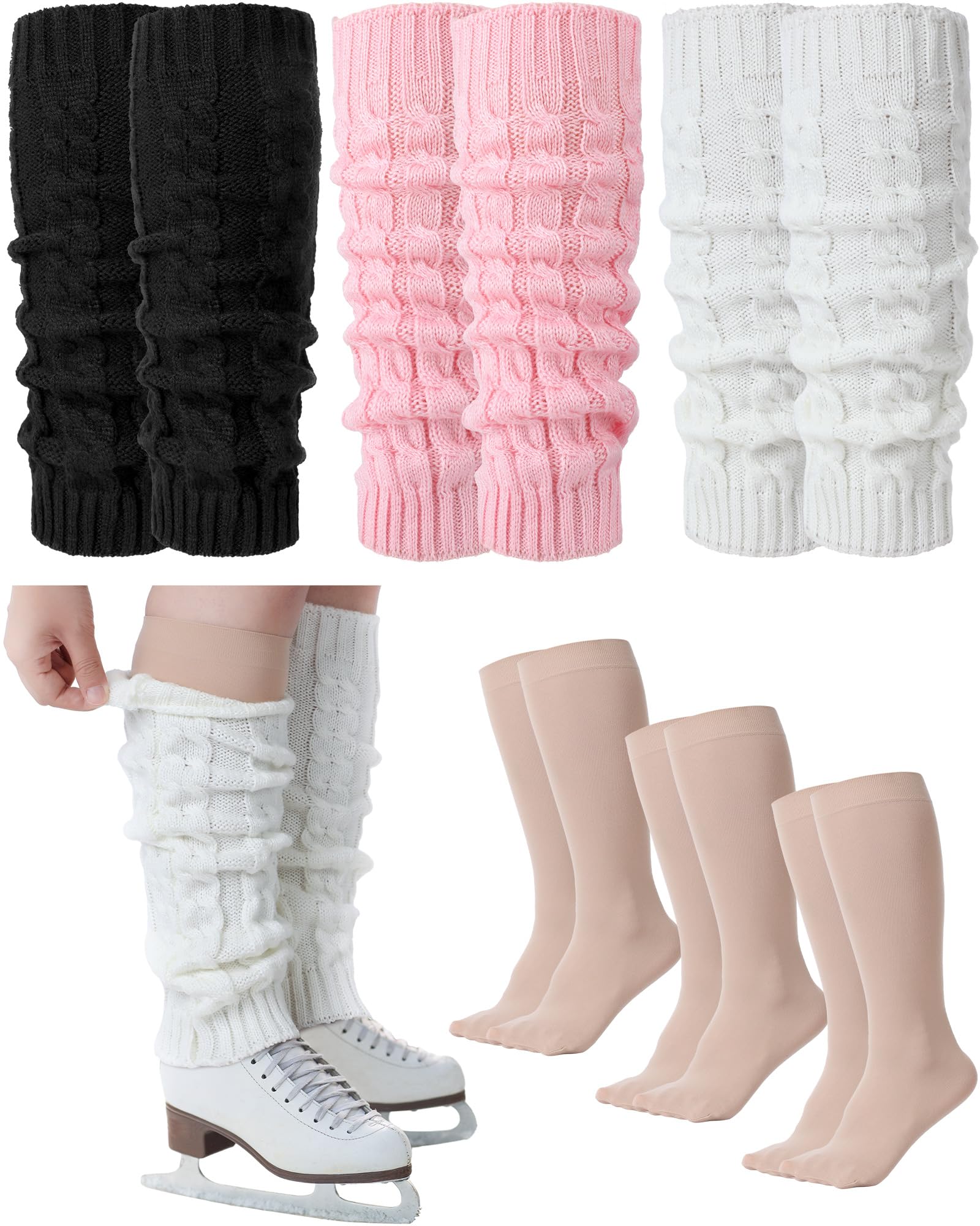 Chuarry Juego de 6 pares de calentadores de piernas para mujeres y niñas, calentadores de piernas largas de punto, calcetines de patinaje, calcetines de pantorrilla para patinaje artístico
