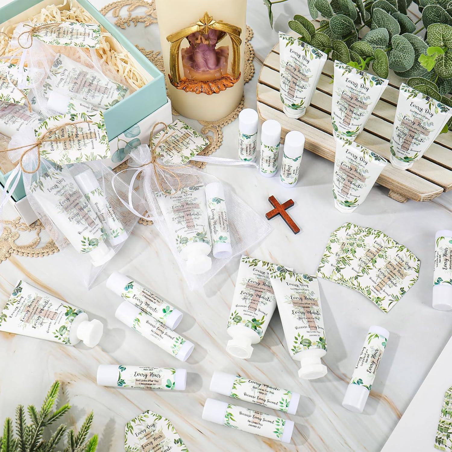 FYSUIMU 24 Sets Christian Hand Cream and Lip Balm Gift Set Bible Verse Cross Travel Size Hand Lotion Lip Balm Bulk with Organza Bags Tags for Women Wedding Bridal Baby Shower Christmas Holiday