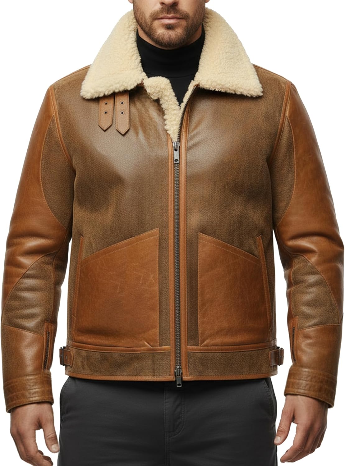 FLAVOR Mens Leather Bomber Jacket Warm Piolt Winter Shearling Jackets Aviator Coat - Image 5