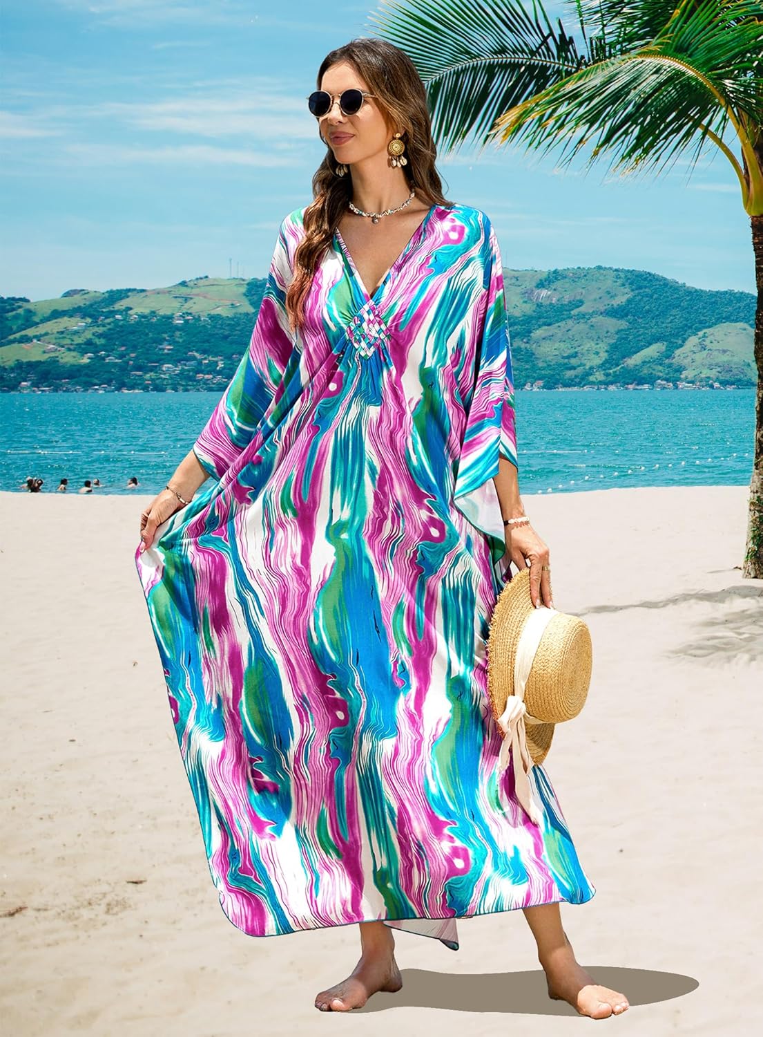 Kaftan Dresses Plus Size V-Neck Women's Swimwear Cover Ups Tie Dye Batwing Sleeves Mumu Caftan Dress - Image 7
