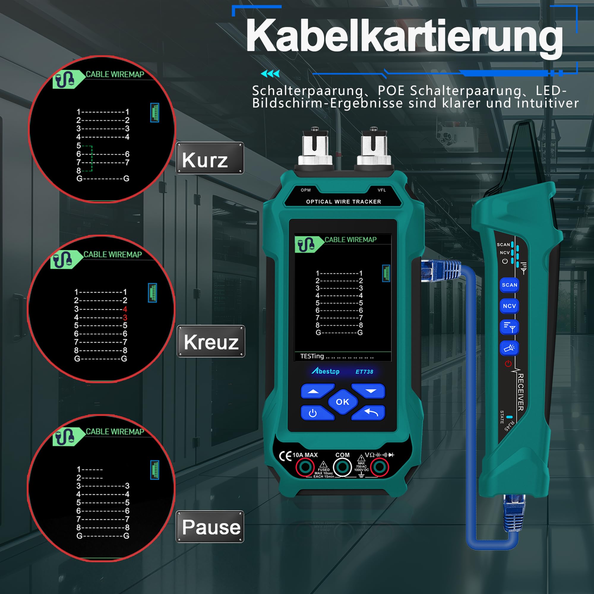 Abestop ET738 Visual Fault Locator (VFL) function in use with a fiber optic cable