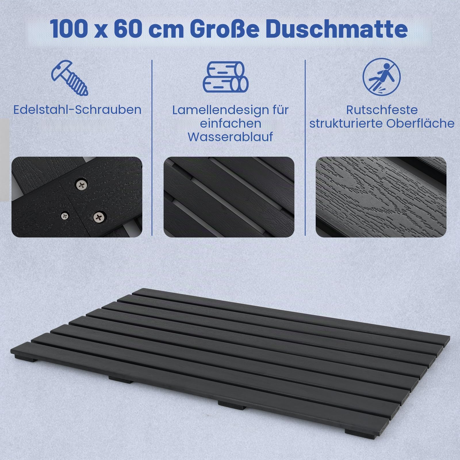 SOARS Badematte rutschfest & wasserdicht, Duschmatte aus WPC mit Holzoptik, Bodenplatte für Innen- und Außenbereich, 100 x 60cm, Schwarz