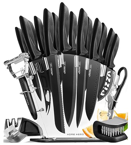 Stainless Steel Knife Set 13 Piece Set Kitchen Knives with Bonus Acrylic Stand, Scissors, 2 Function Peeler and 2 Stage Sharpener by Home Hero