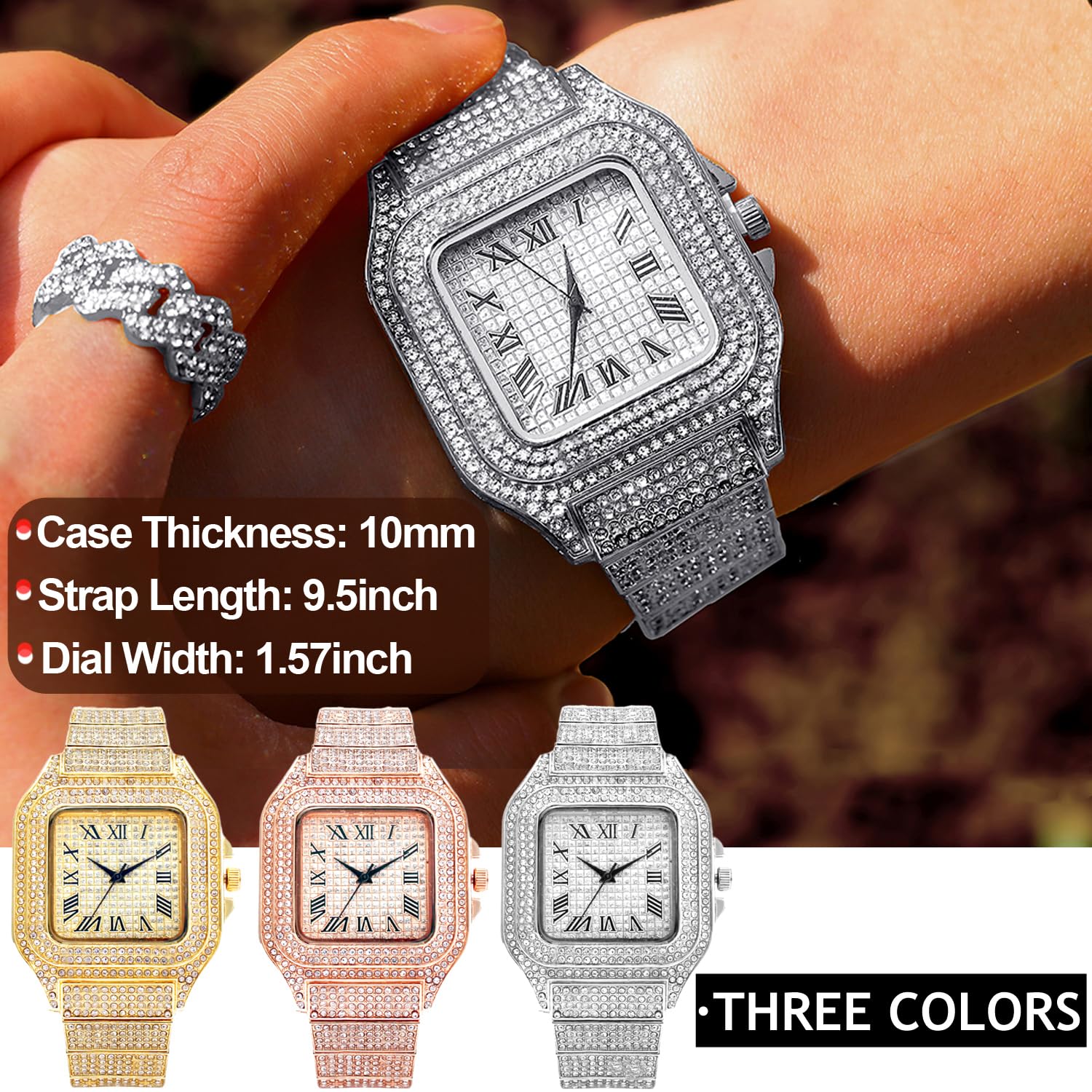 Apzzic Diamond Iced Out Watch CZ Gold Plated 40mm Width Roman Numerals Dial Quartz Wristband Watch for Men Women
