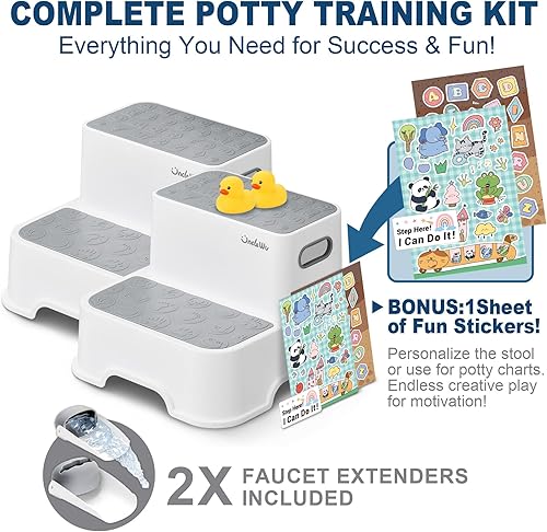 Miniatura 2 de UNCLE WU Paquete de 2 taburetes para niños pequeños y adultos, taburete de plástico antideslizante para lavabo del baño, entrenamiento para ir al