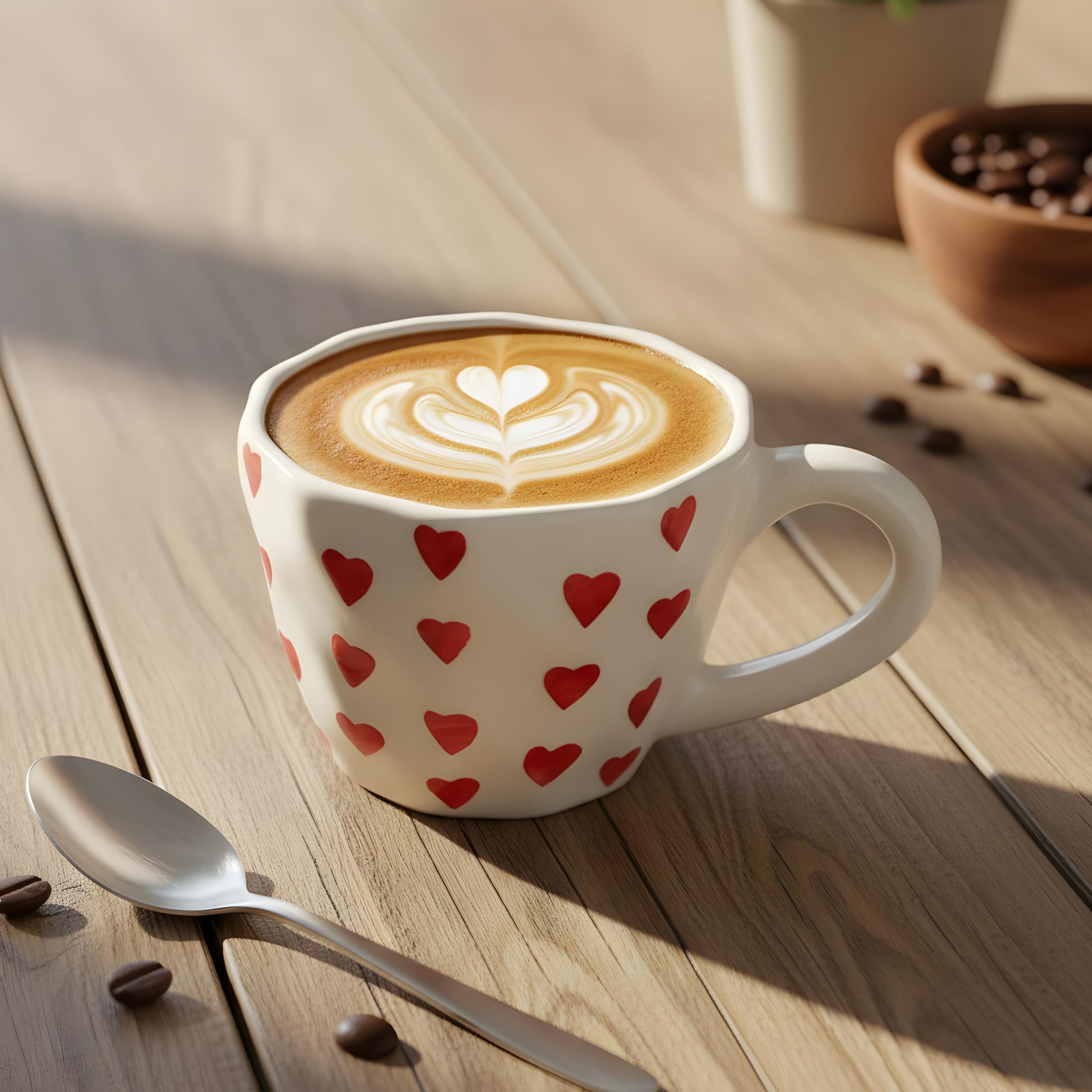 Ceramic Coffee Mug with Red Hearts Pattern, White(Standard, 1, Count) Aesthetic Tea Cup,Cute Coffee Mug, Unique Cup-image-0