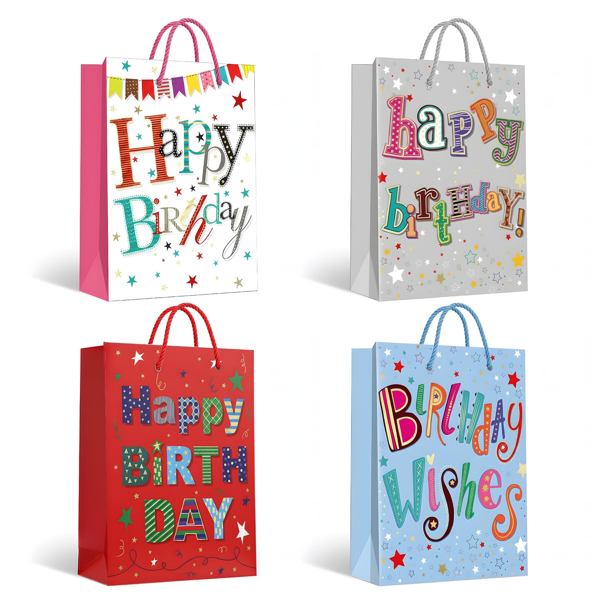 12Pcs Medium Gift Bag for Present 4 Different Assorted 3D Hot Stamping Gift Bag 26x32x10 CM with Handles Birthday Wishes Bag for Kids Adults Ideal for Presents Parties Birthdays Weddings Baby Showers