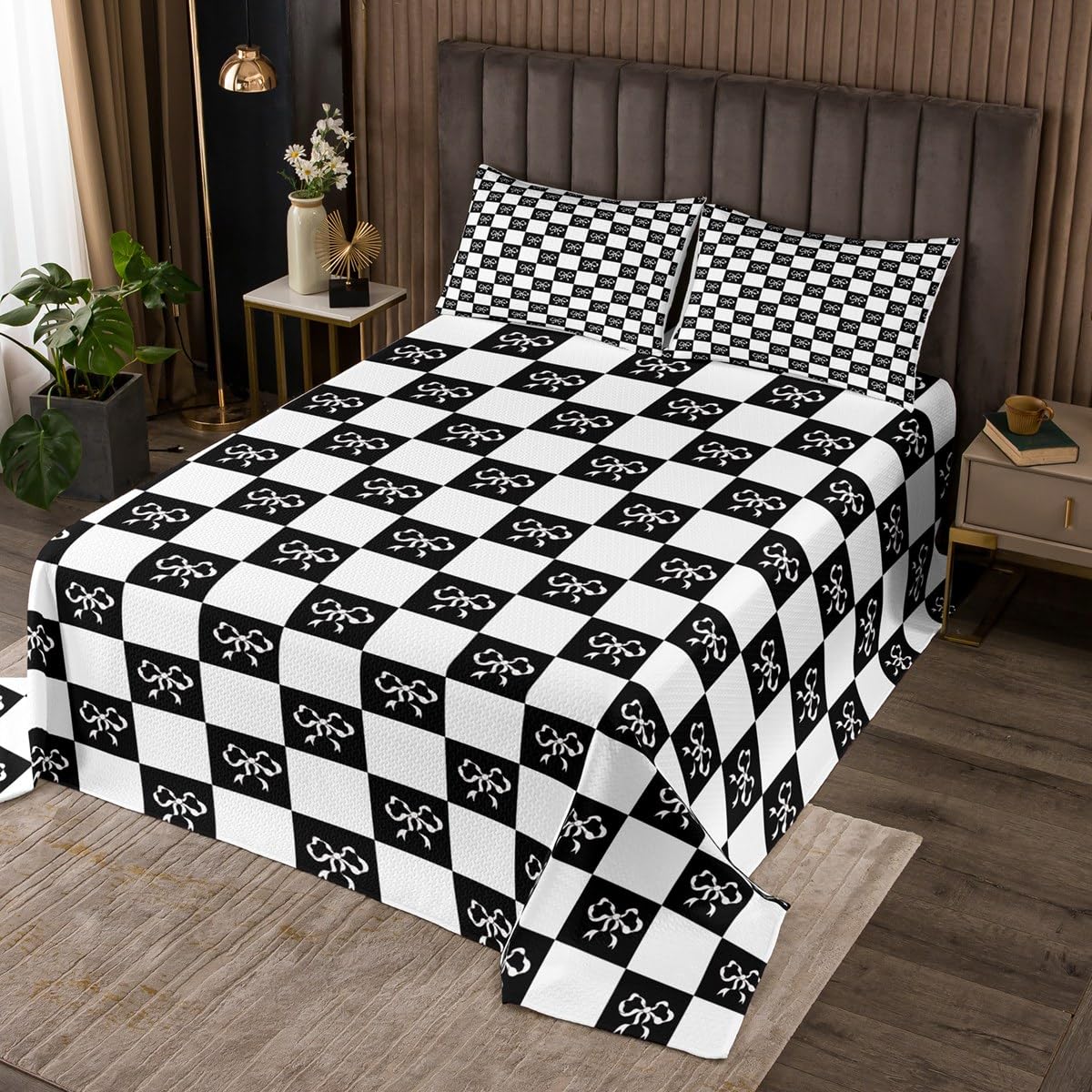 Kawaii Plaid Geometric Grid Bedspread Queen Size Bedding For Teens Living Room Cute Bowknot Decor Coverlet Set Princess Style Bow-tie Girly Quilt Set for All Season,3 Pcs with 2 Pillowcases