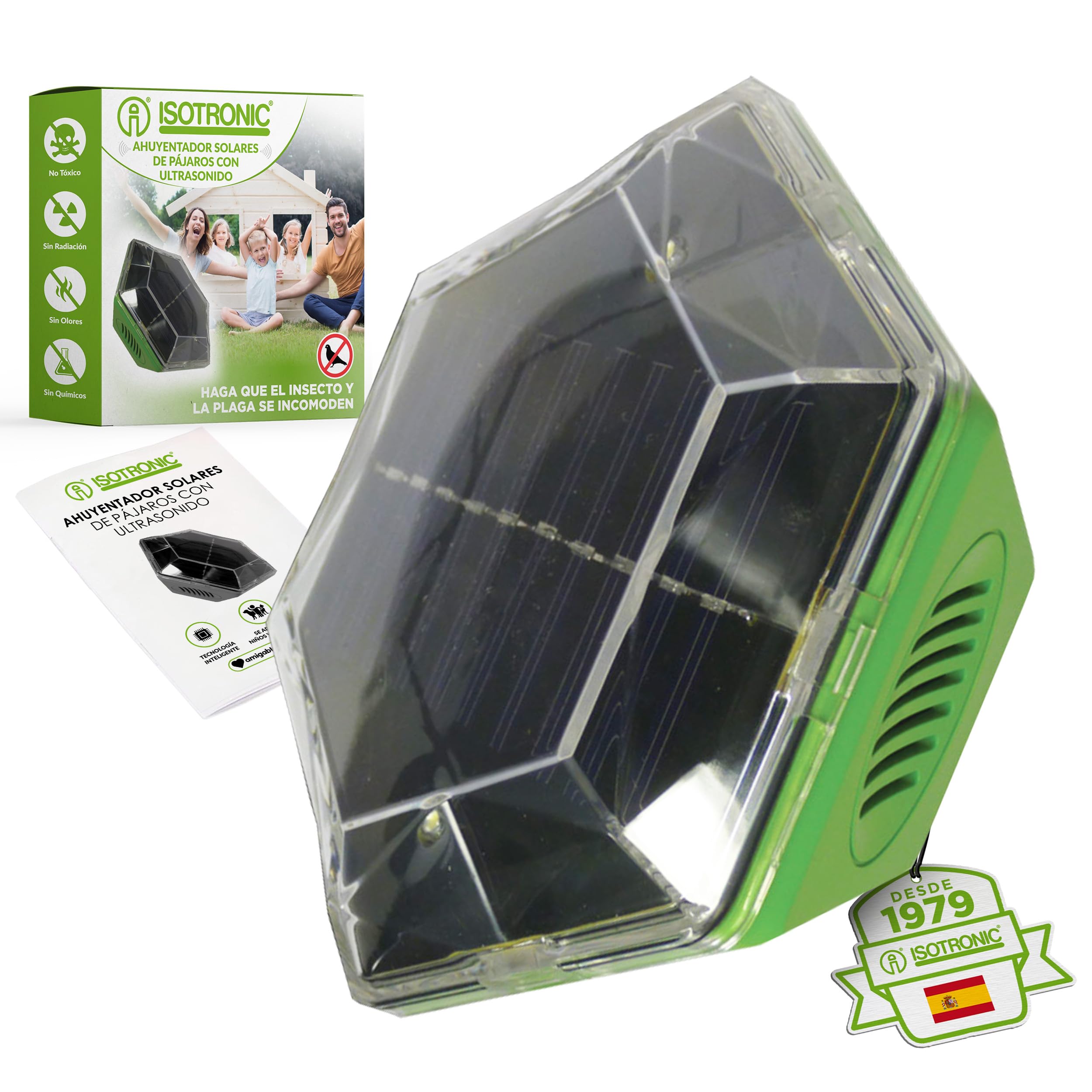 ISOTRONIC Repelente Solar para Aves — Flash y Ultrasonido para Palomas, Gaviotas y Cuervos — Ahuyentador para Balcón y Jardín — Alcance Efectivo 150 m² — Pack de 1 Unidad
