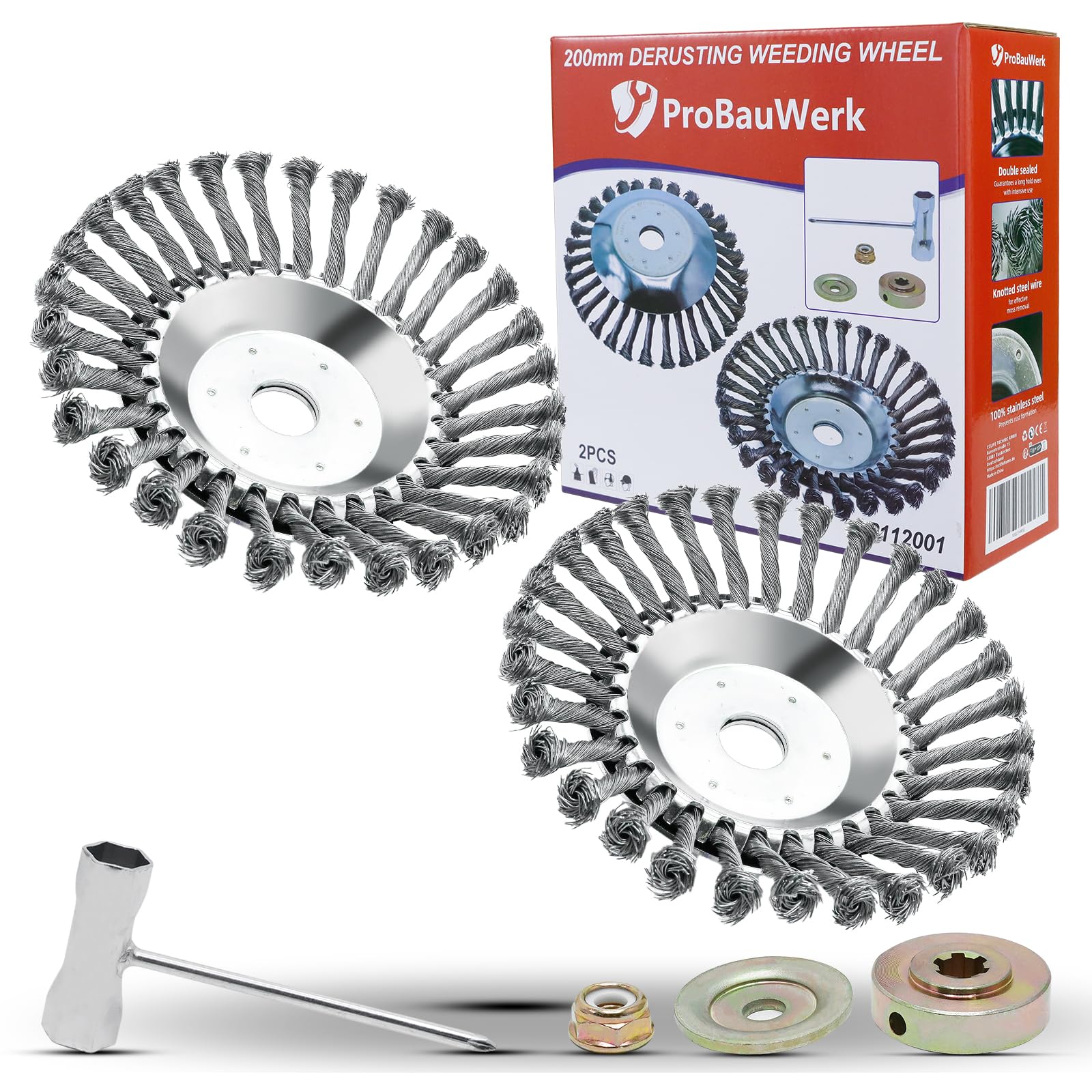 CCLIFE Unkrautbürste Freischneider 2er Set, Wildkrautbürste für Motorsense Rundbürste 200 x 25,4 mm mit Zubehör