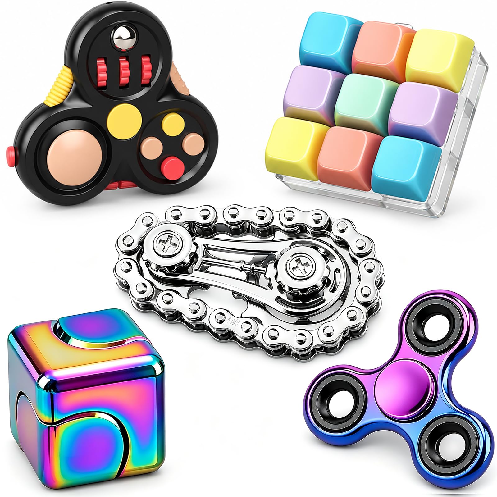 5 Stück Fidget Toys Set für Kinder Erwachsene, Sensory Pack mit Fidget Slider Fidget Cube Pad Finger Fahrrad Kette, Coole Gadgets Schreibtisch Handkreisel Party Geschenk