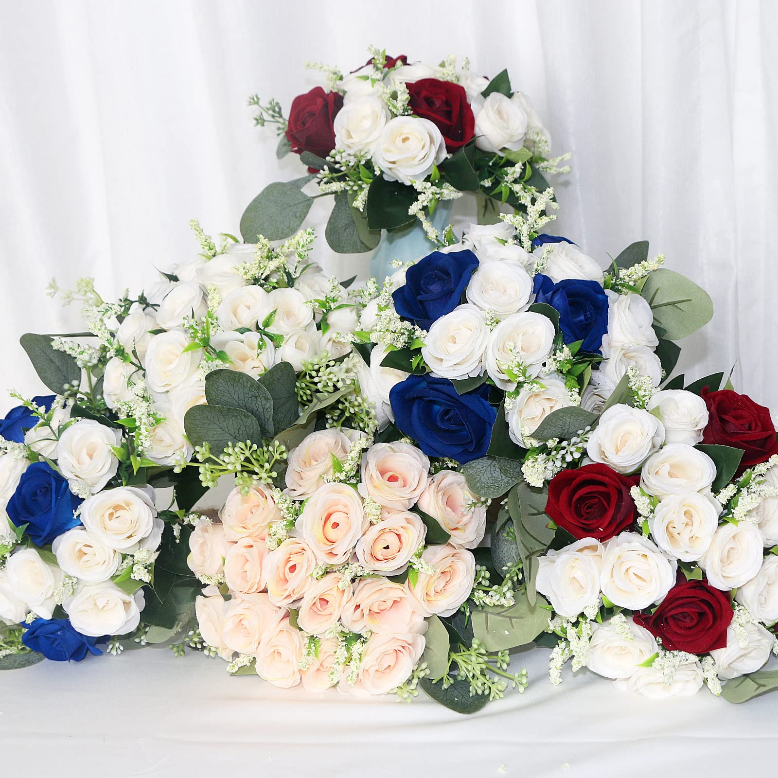 Zestaw 4 bukietów druhny na ślub, 18 cm, sztuczny bukiet kwiatów ślubnych, na imprezę, ceremonię, rocznicę, stół jadalny, dekoracja - bordowy i biały