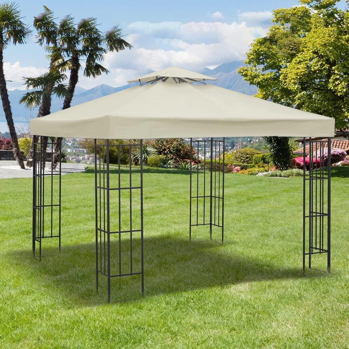 Garden Gazebo Top Cover 3x3M Canopy Replacement Pavilion Roof 1/2 Tier Outdoor Patio Garden Tent Roof Top Replacement Canopy Top Cover for Outdoor Camping Garden Backyard(Double-Deck,Beige)