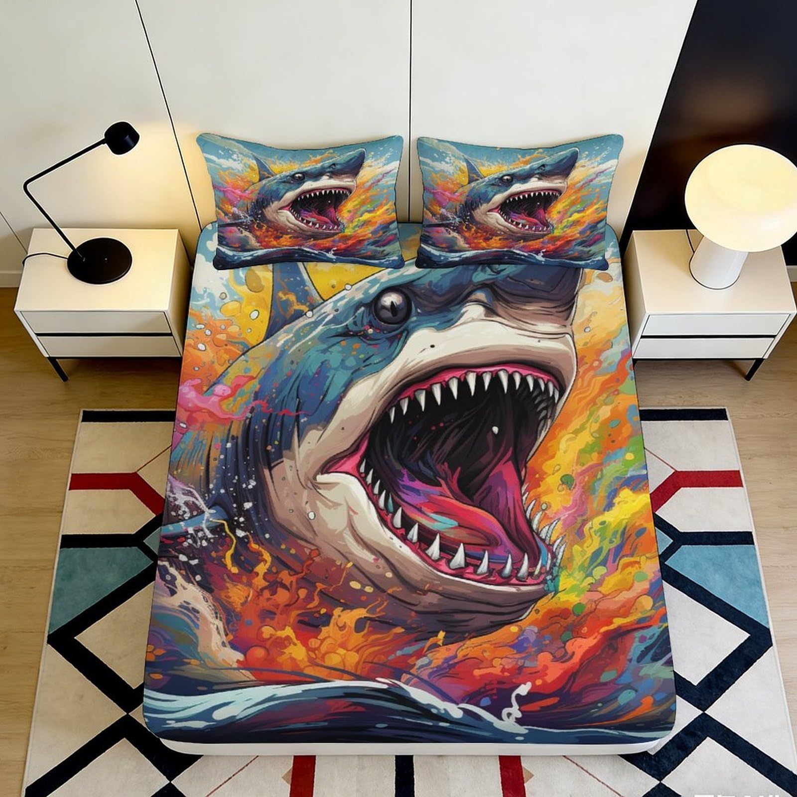 3D Printed Shark Splash Fitted Sheet Microfiber Vibrant Ocean Mattress Cover for Bedroom Dorm Mattress Protection Decor 120x200x25cm