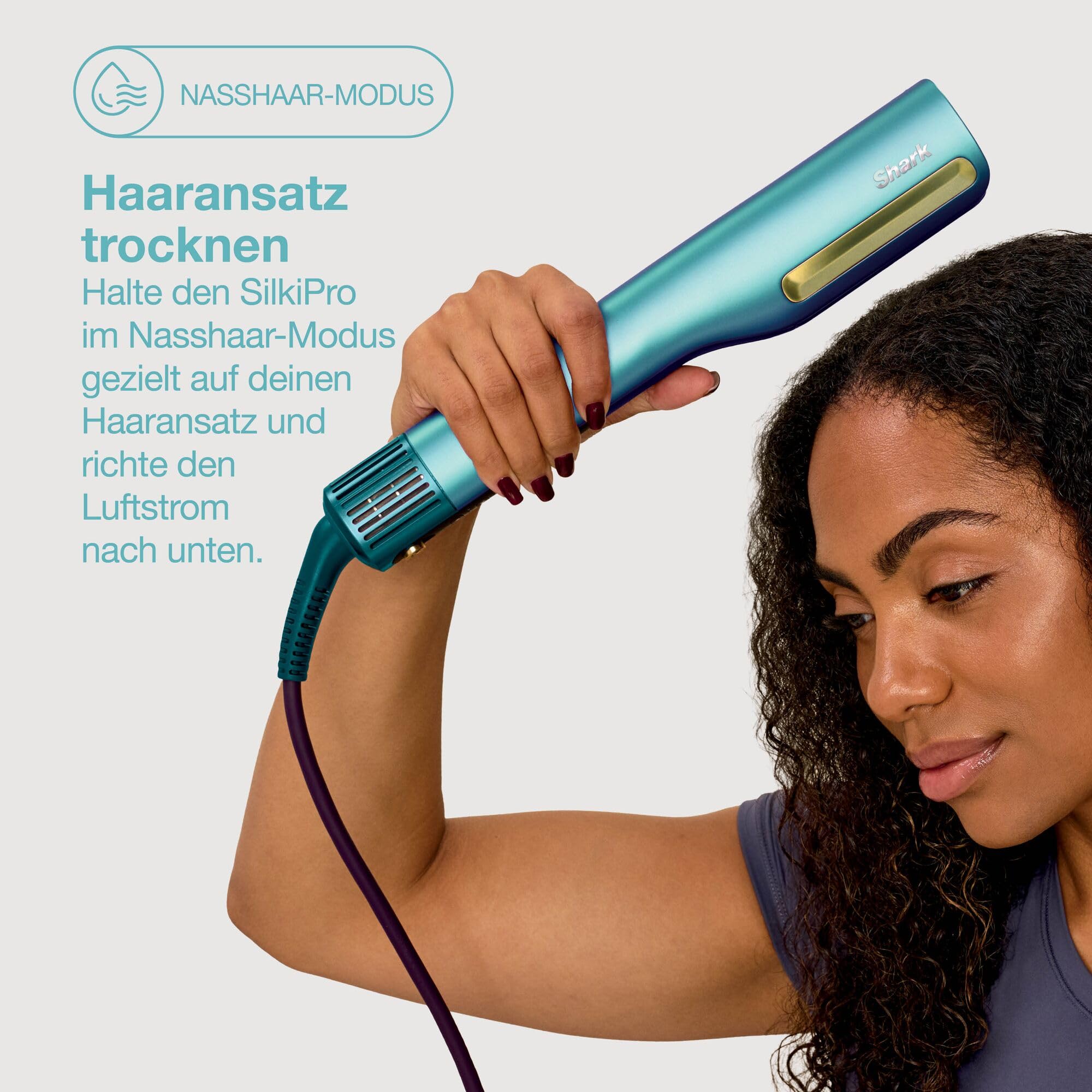 Shark SilkiPro Straight Glätteisen + Haartrockner in einem mit hitzebeständiger Aufbewahrungsbox – Turquoise Wave [HT401EUBL]