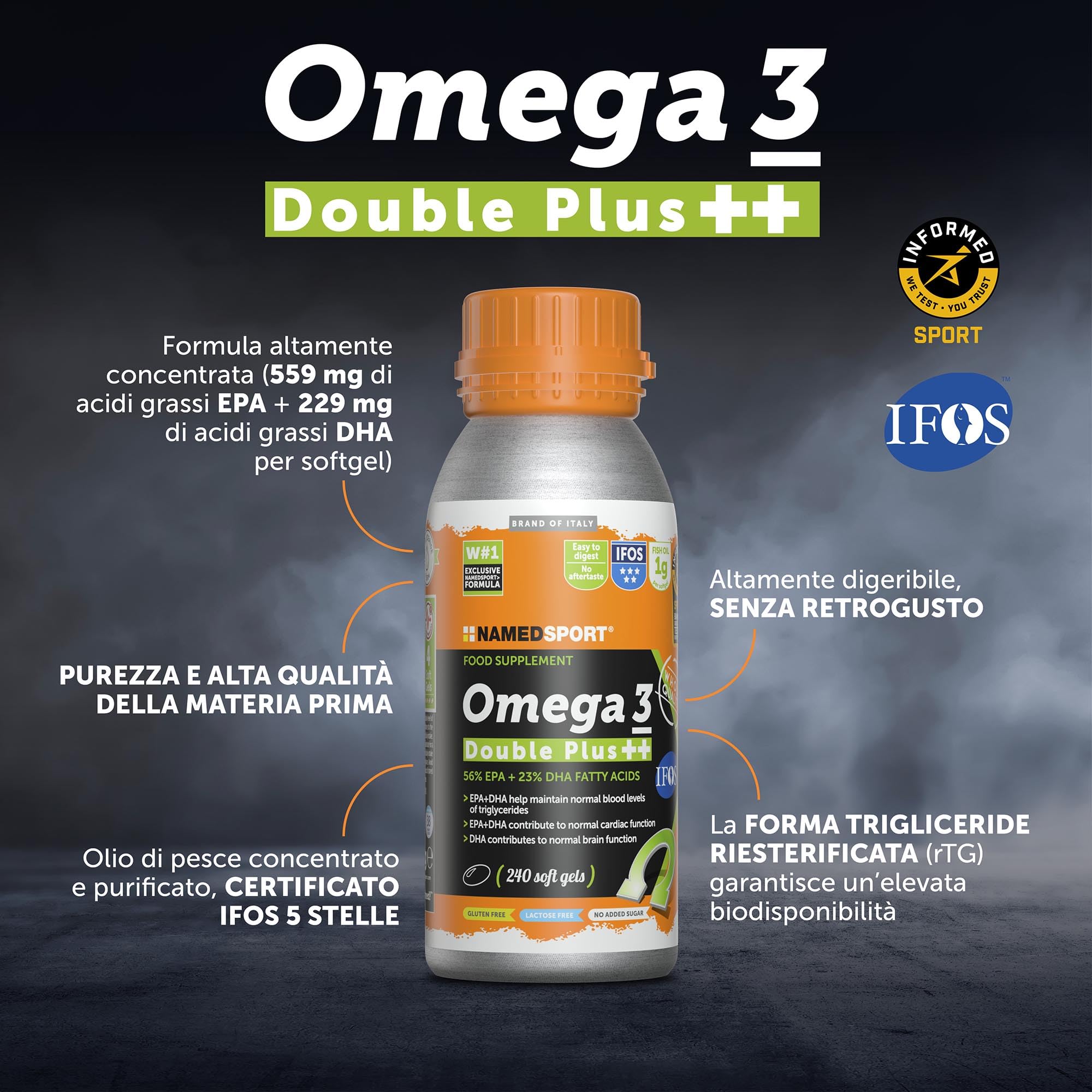 NAMEDSPORT Omega 3 Double Plus | Integratori Omega 3 Alta Concentrazione EPA + DHA da Olio di Pesce Purificato | Certificato | Supporto per Cuore, Cervello, Vista | 350 Softgel 2 Confezioni (110+240)