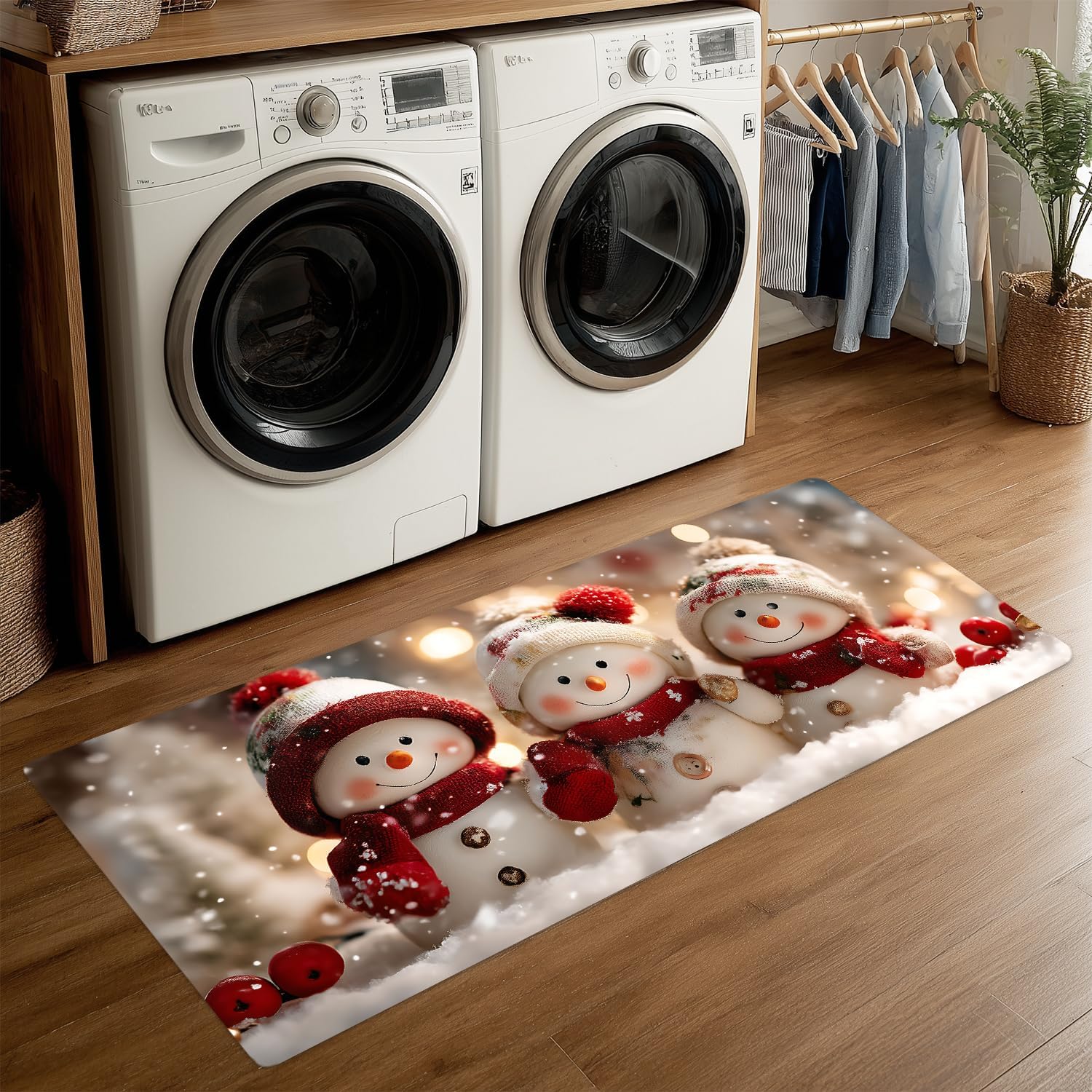 Snowman Family Laundry Room Rug 20x47 Inch – Non-Slip Winter Runner Mat for Laundry Room, Entryway, Christmas Decor
