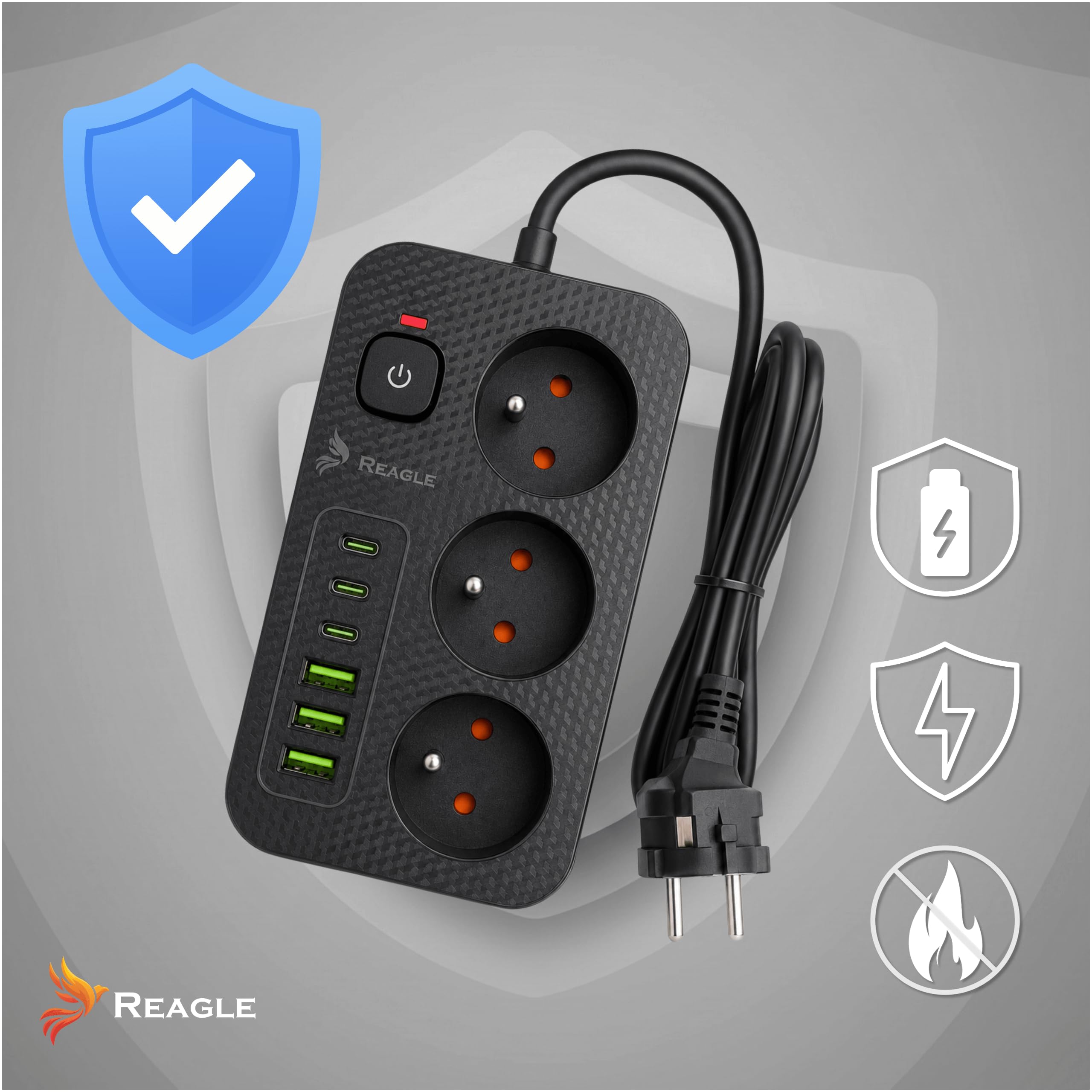 Reagle Listwa Zasilająca 3 Gniazda 230V z 6 USB, 3x USB-A 3x USB-C, Przedłużacz 3M z Podświetlanym Włącznikiem, 2500W, Czarna, do Domu Biura
