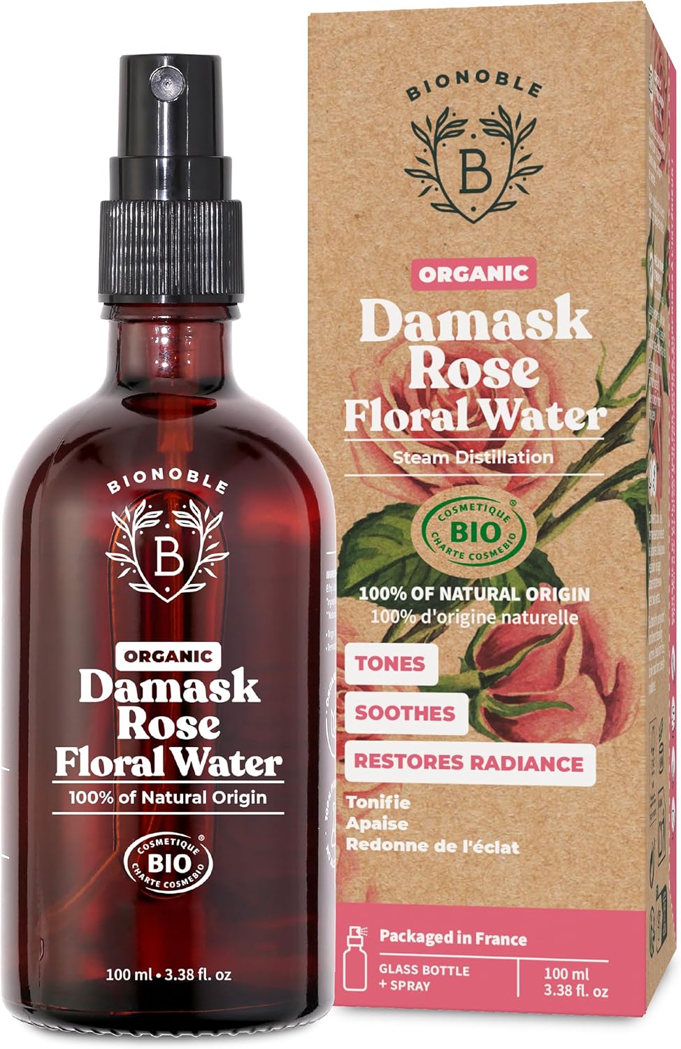 Bionoble Organic Rose Water 100ml – 100% Pure and Natural Damask Rose Hydrolat – Face, Eye Contour, Body, Hair – Glass Bottle + Spray