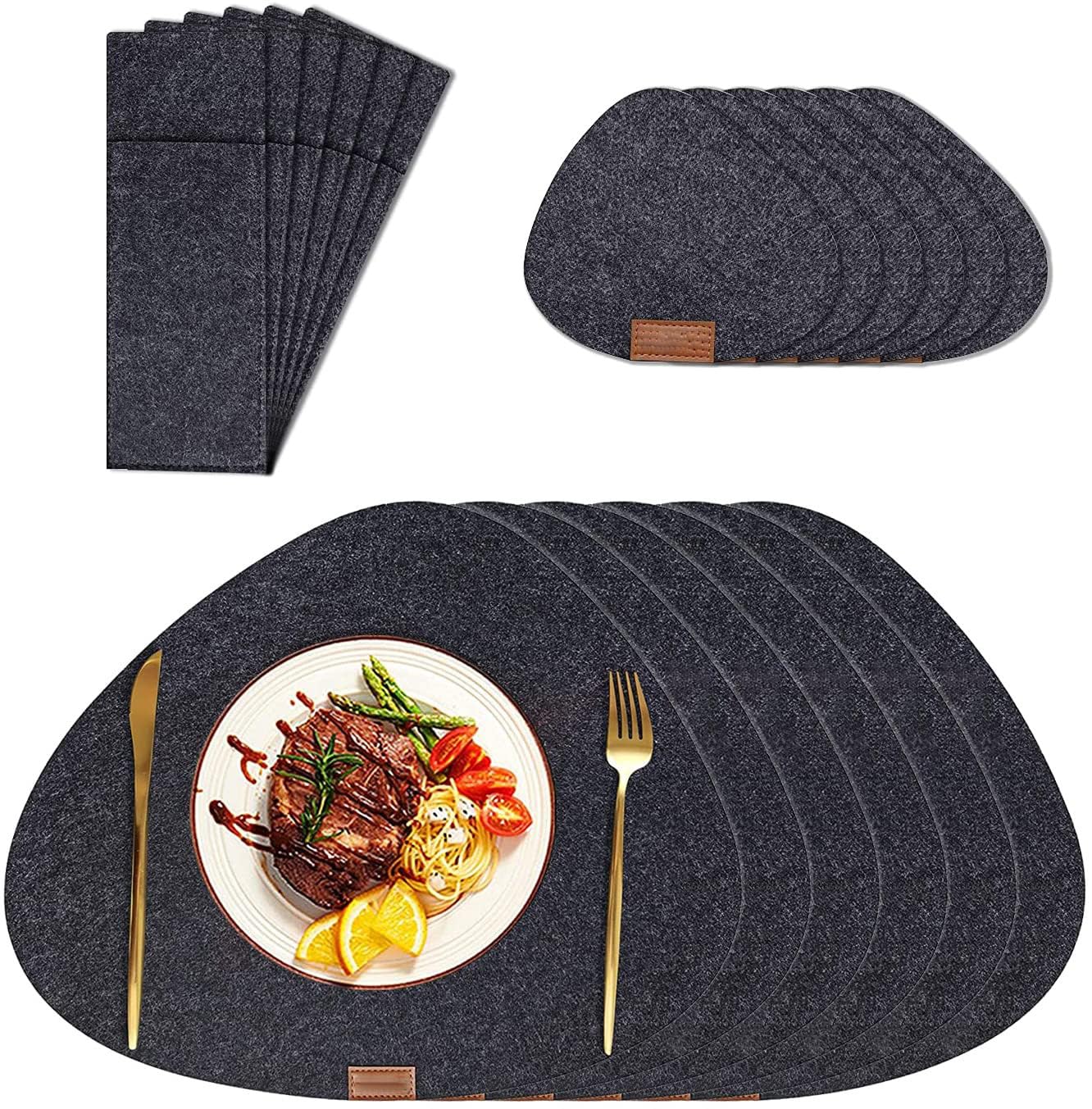 Felt Placemat for Kitchen, Dining Table,18pcs Washable shinfly Placemats, Wipe Clean, Round, Heat Resistant, Non-Slip Place Mats with Coasters, Cutlery Sacks