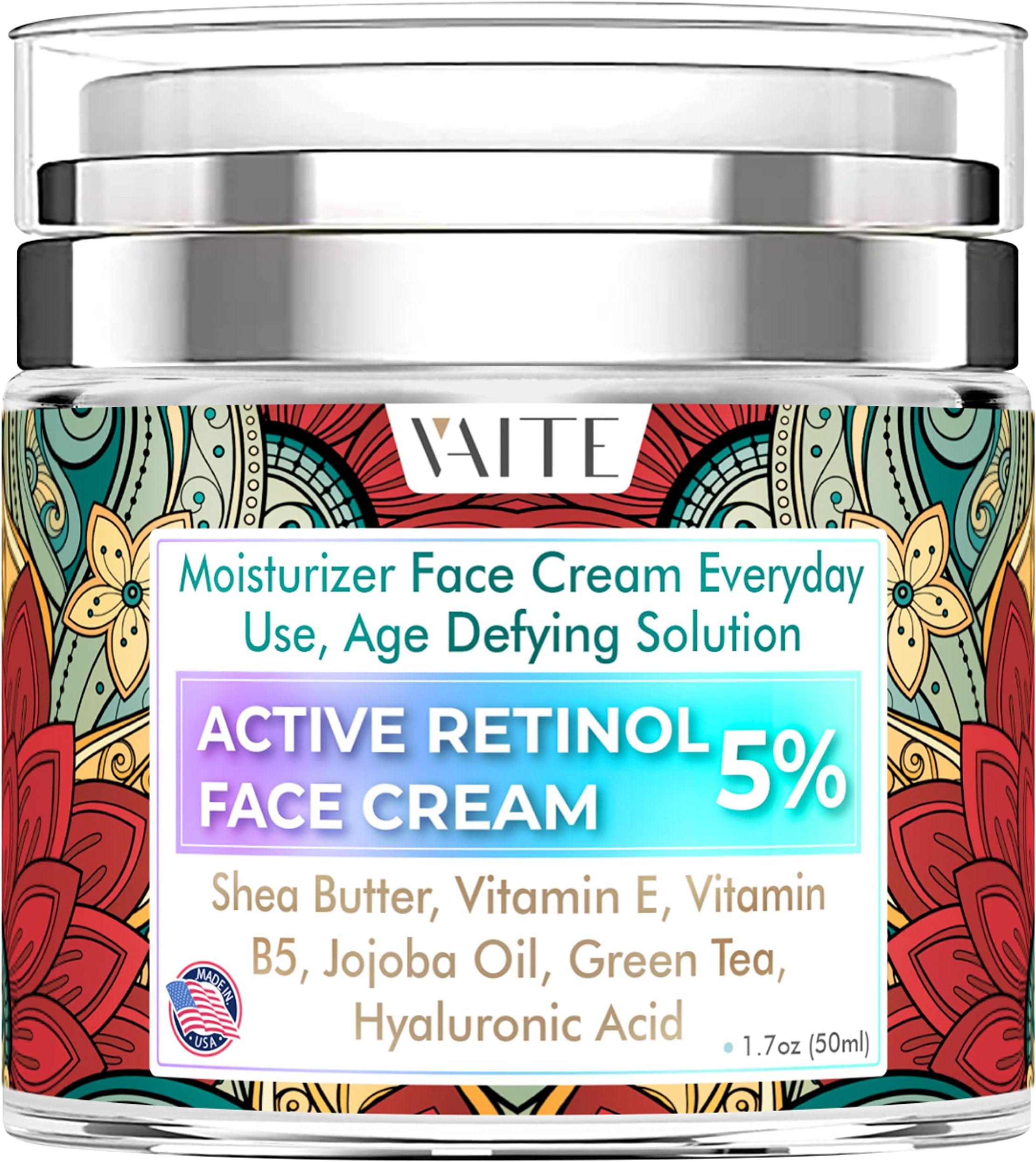 Retinol 5% Face Cream - Anti-aging, Firming, and Smoothing Formula - Moisturizing Cream for Acne with Retinoid, Hyaluronic Acid, Vitamin E, B5, Jojoba Oil, and Green Tea