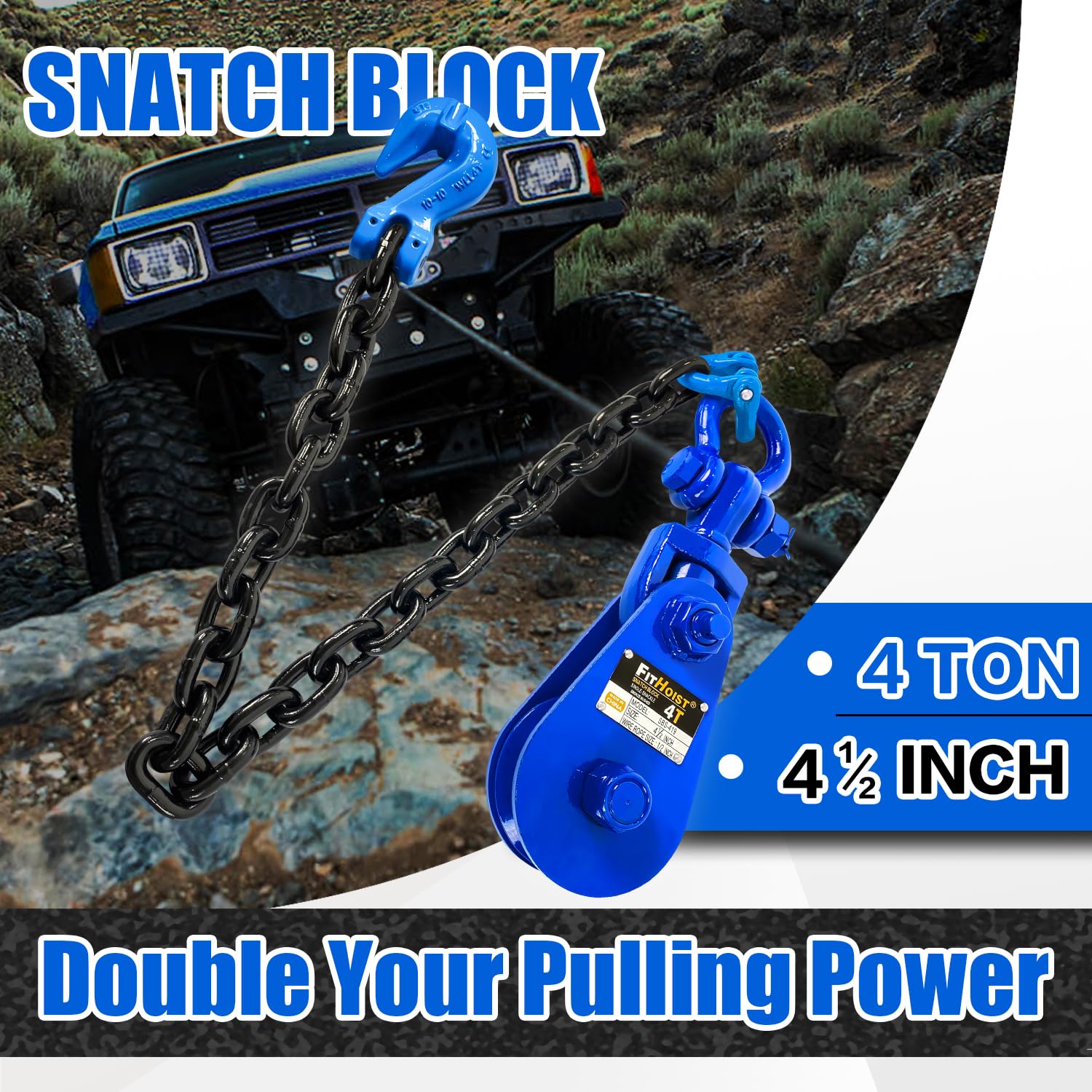 4 Tonnen Schnappblock mit G100-Kette, 11,4 cm Rolle für 1,27 cm Drahtseil, hochfeste Schnappblöcke für Abschlepp- und Bergungsanwendungen, Abschleppwagen-Rollback-Wrecker,