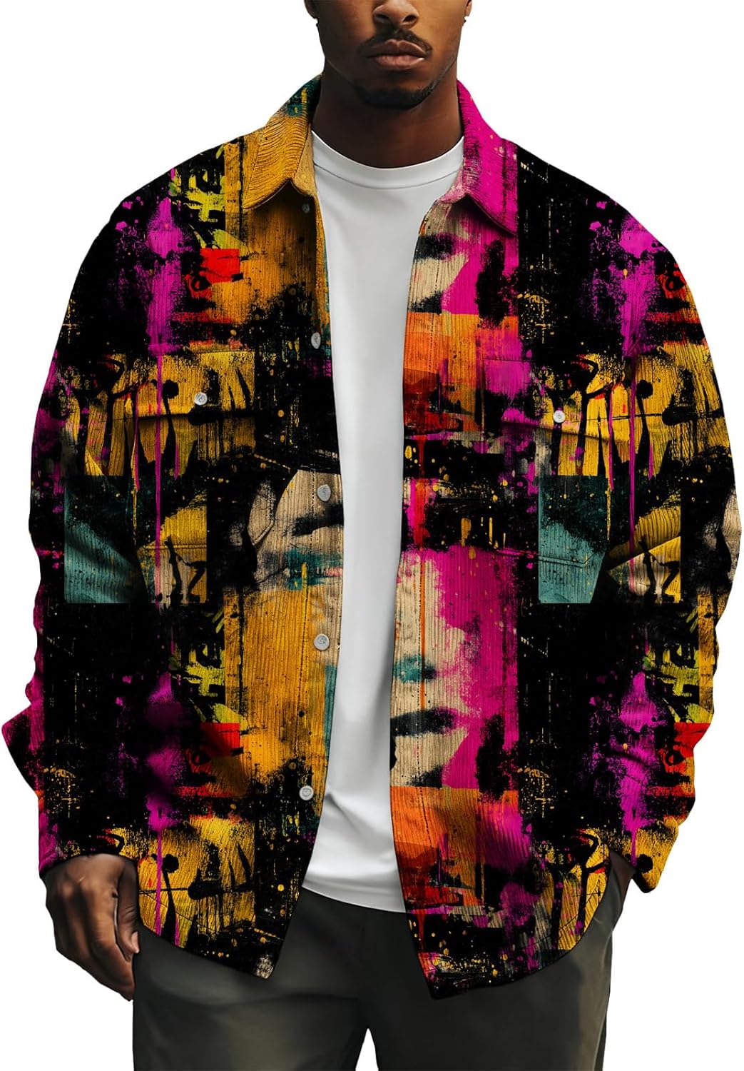 Graphic Print Denim Jackets for Men Vintage Button Down Collared Coats Fashion Streetwear Jacket with Flap Pocket
