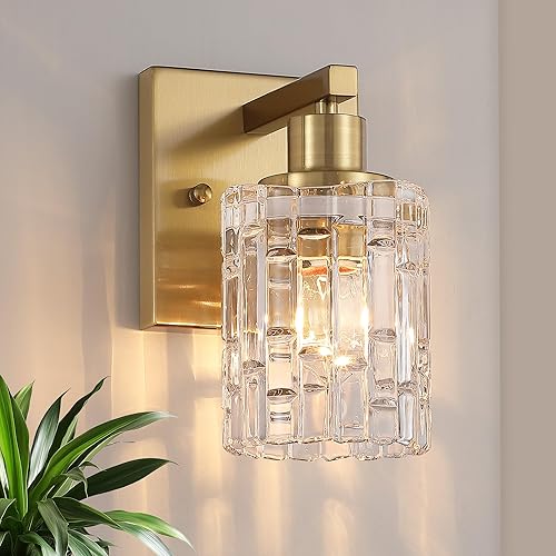 Lámpara de Tocador de Baño de 1 Luz en Oro Cepillado Sobre Espejo, Iluminación Moderna de Tocador con Pantalla de Cristal, Accesorios de Iluminación