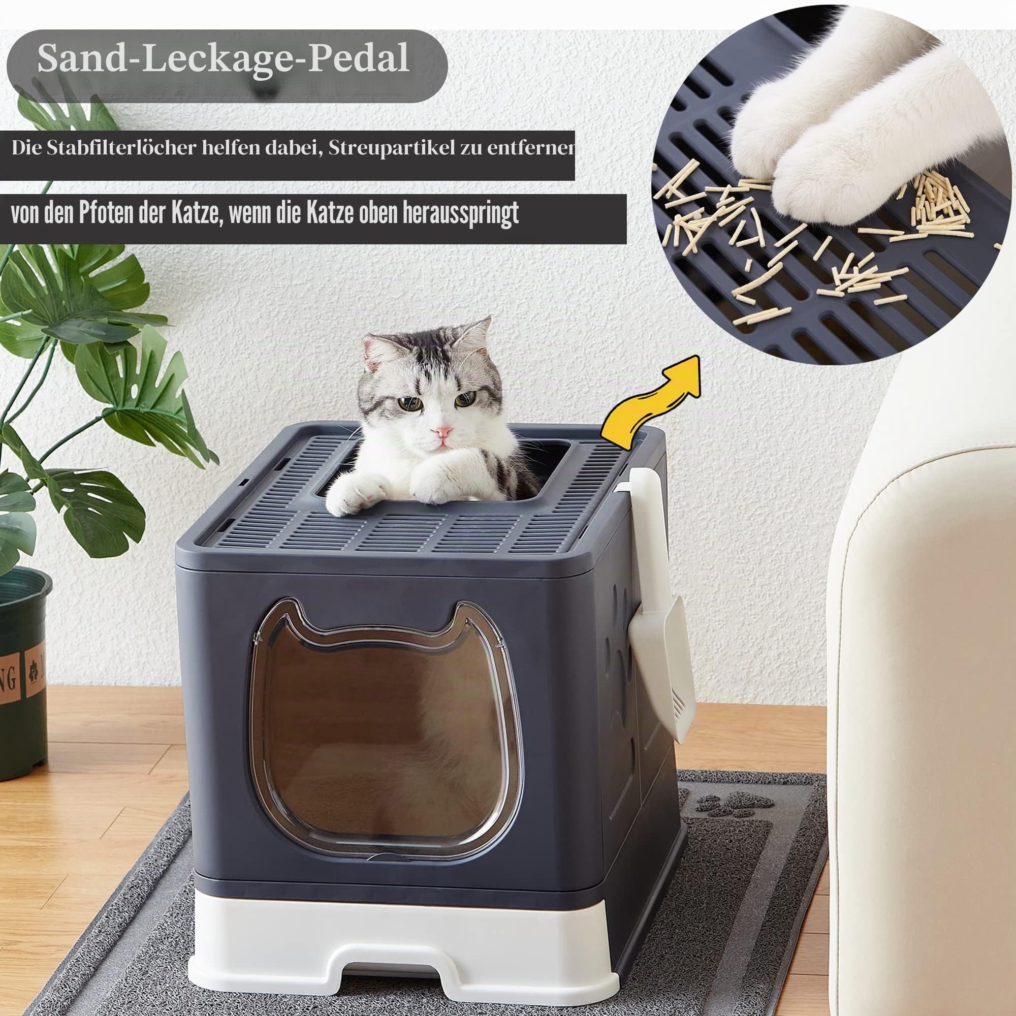 Vealind Faltbare katzenklo, Katzentoilette mit Deckel, abgedeckte Katzentoiletten mit Katzentoilettenschaufel und 2-1 Reinigungsbürste, Kitten Litter Box Cat Toilet (Schwarz)