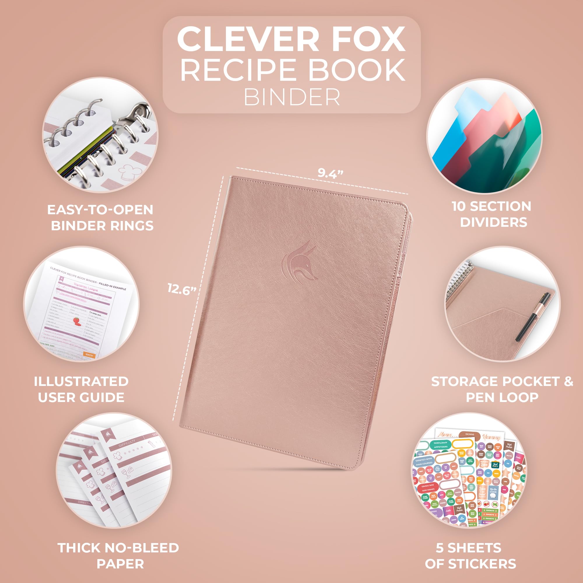 Clever Fox Carpeta de libro de recetas con pestañas, organizador de cuaderno de anillos con páginas en blanco para escribir en tus propias recetas, libro de cocina familiar personalizado, 220 recetas,