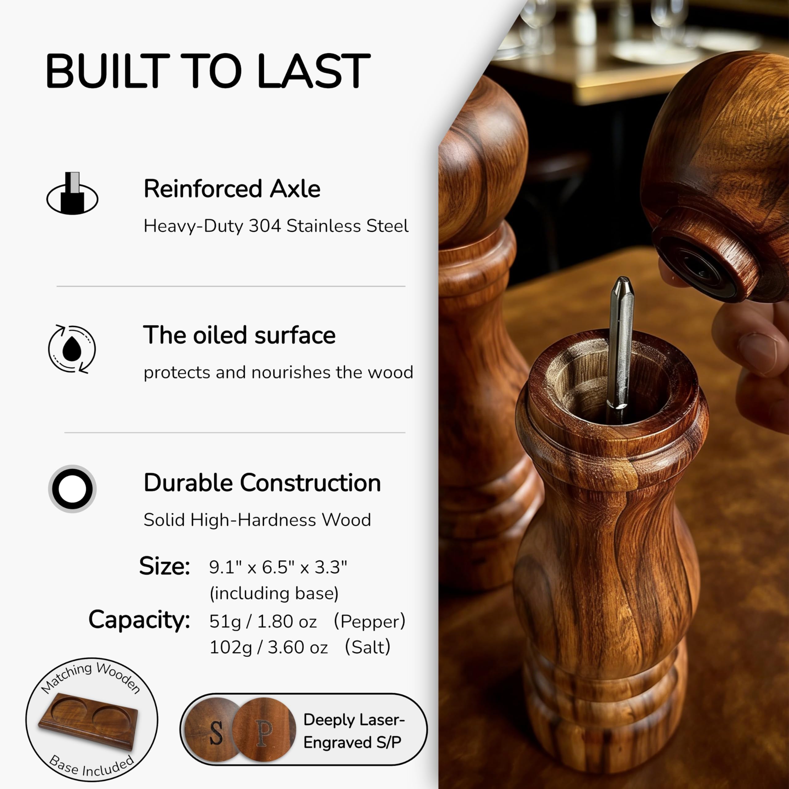 Juego de Molinillos de Sal y Pimienta de Madera, Manual con Núcleo de Cerámica/Acero Inoxidable, Recargable, Ajuste de Grosor Externo, 23 cm, Acacia