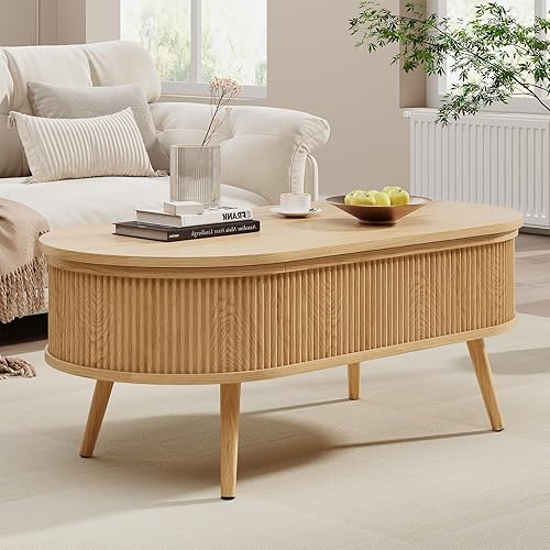 Miniatura 6 de Mesa auxiliar ovalada con almacenamiento, moderna mesa de centro acanalada con parte superior elevadora, mesas de centro pequeñas con Roble