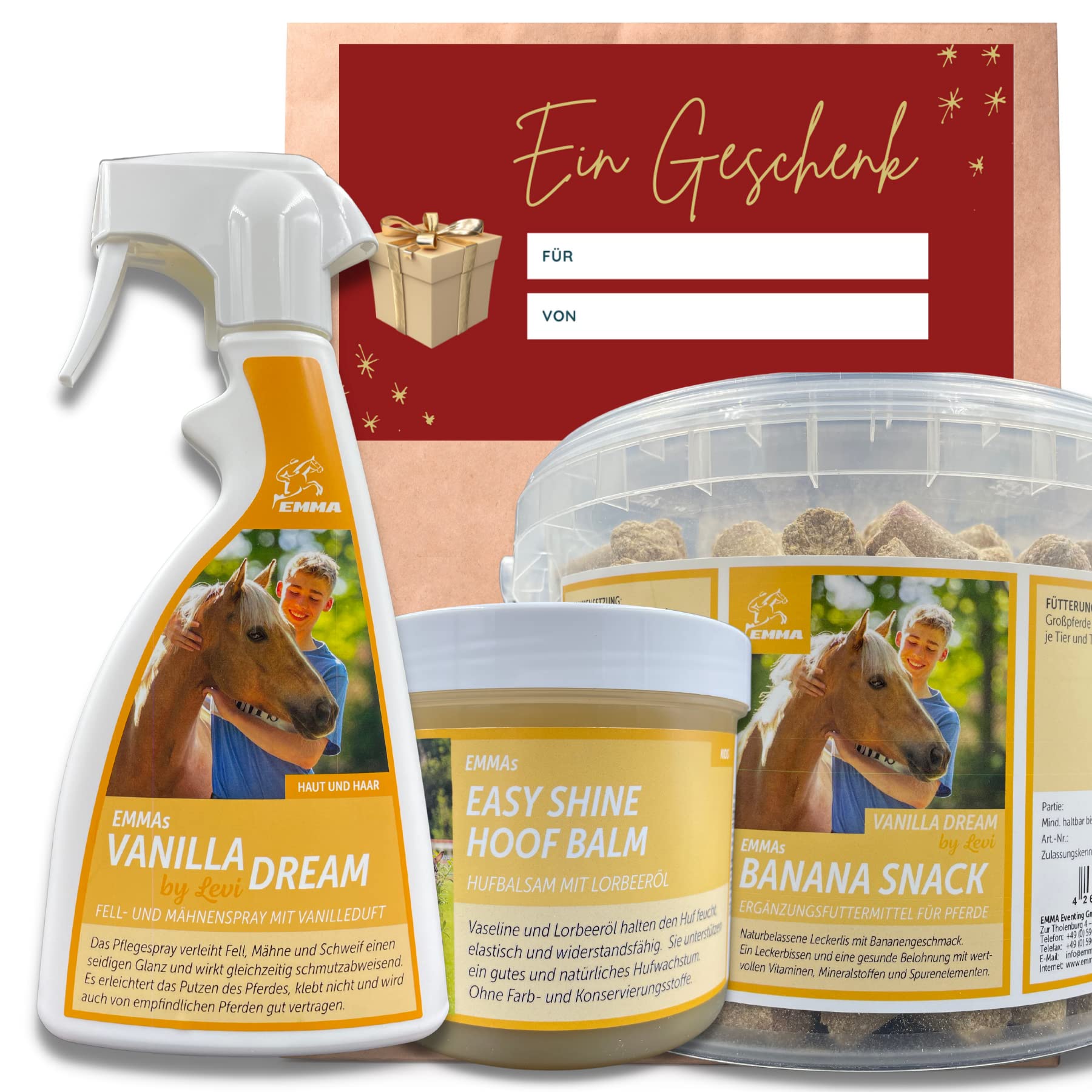 EMMAHorse treats + mane spray for horses + hoof fat with laurel oil I horse care set I treat banana + hoof balm + gloss spray vanilla fragrance I hoof care horse accessories 2 kg 2 x 500 ml