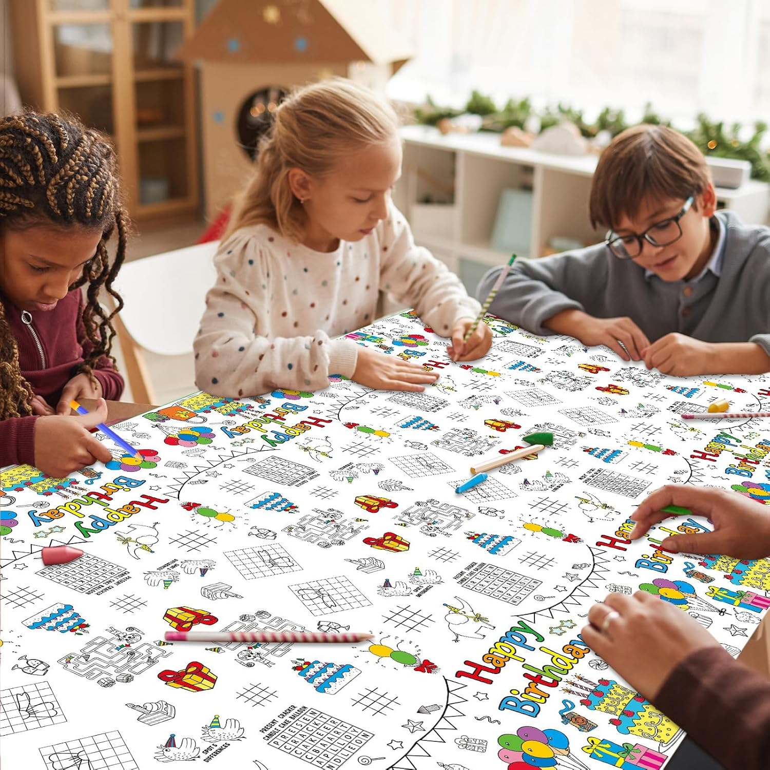 53.9x107.8 Inch Happy Birthday Coloring Tablecloth for Kids Giant Coloring Poster Large Huge Birthday Poster Table Cloth Party Decoration Color Page Sheets Book Crafts Activity for Gift Wall Classroom