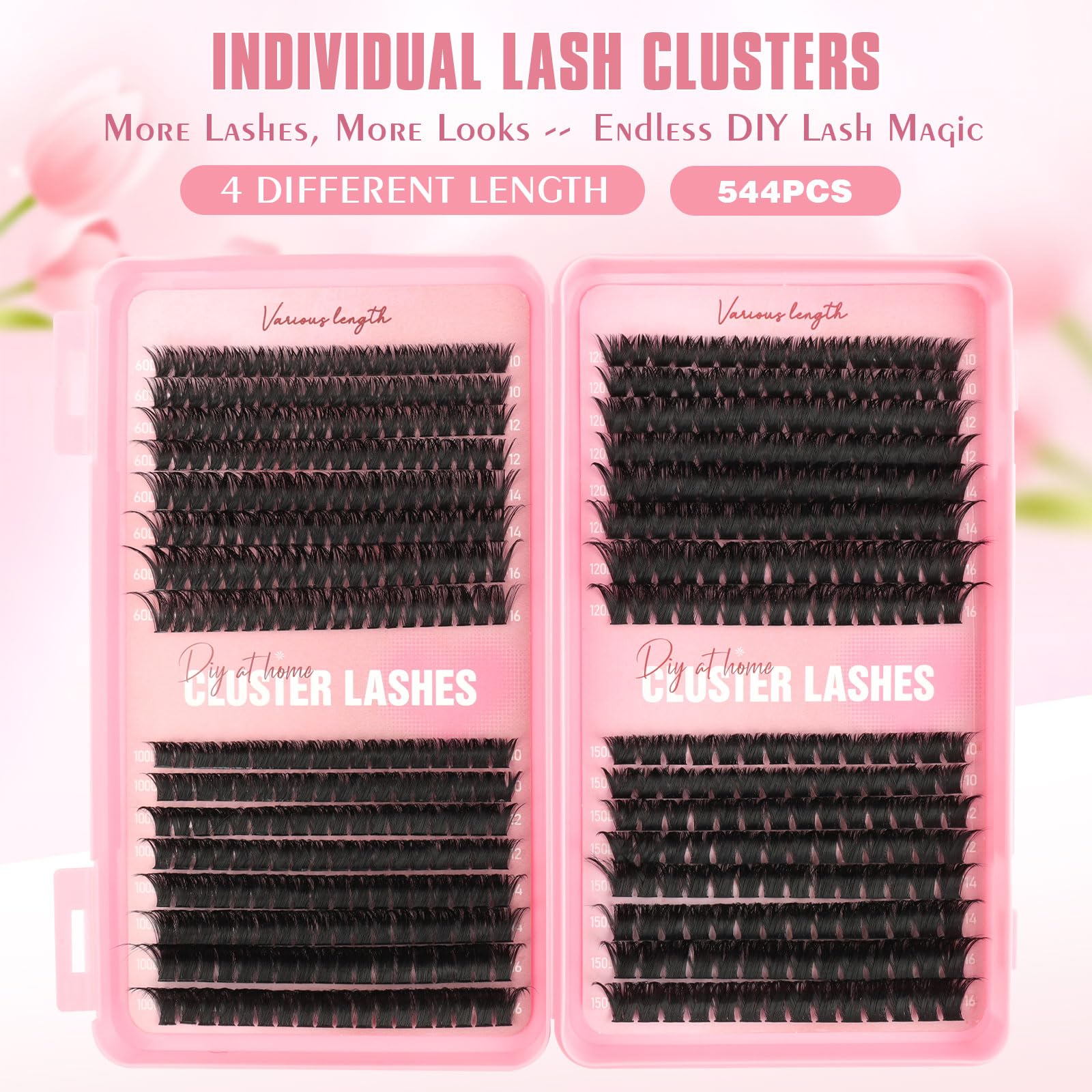 Extension Ciglia Ciuffetti, Libro da 544PCS Ciglia Finte a Ciuffi Ricci D, 10-16MM per Volume Intenso e Personalizzato (60D+100D+120D+150D)