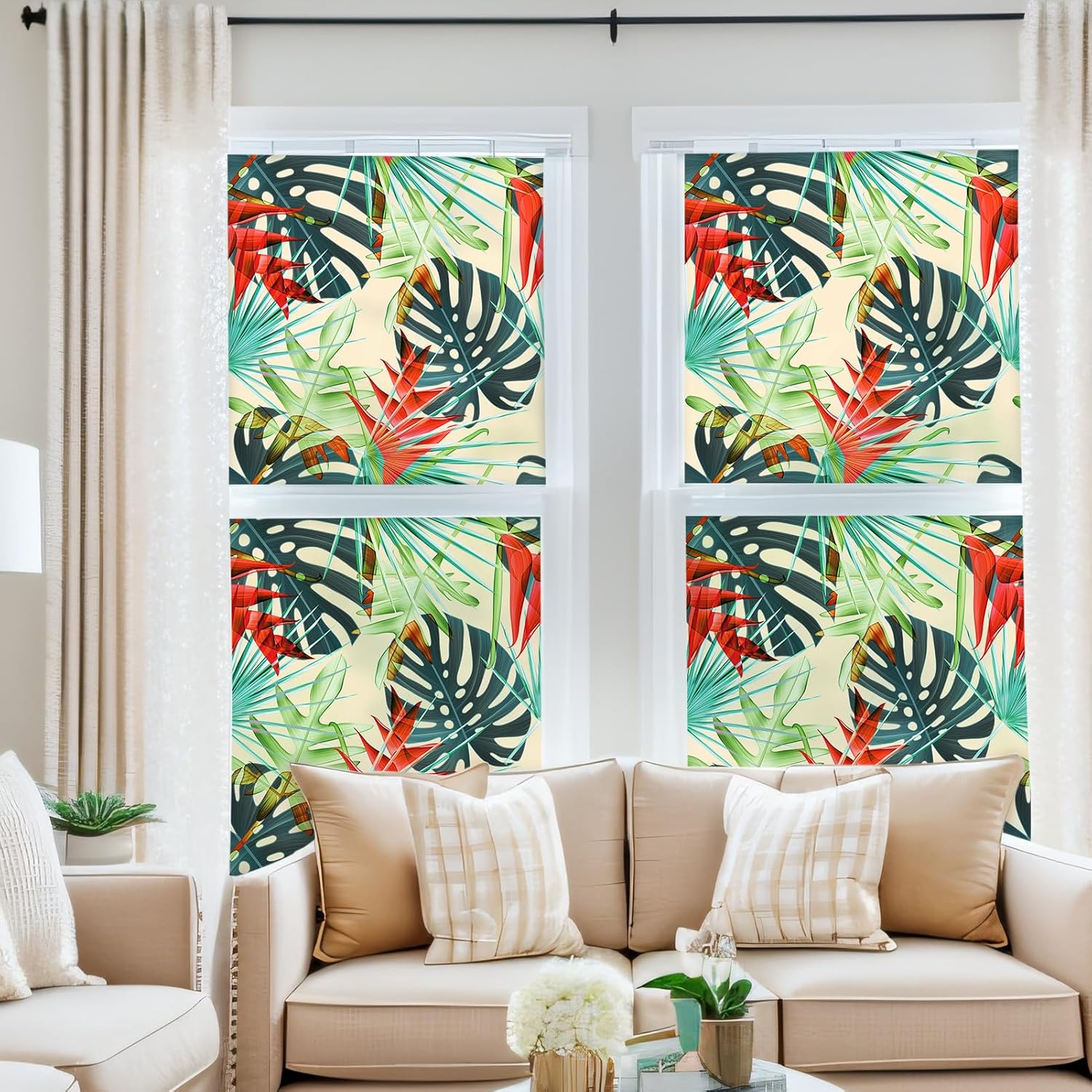 DKTIE UV6 Ultra-fine Frosted Glass Window Film Decorative Nature Stained Glass Window Film for Bathroom Static Cling Renter Friendly (Tropical Plants B, 17.7in X 78.7in) Tropical Plants B 17.7in X 78.7in