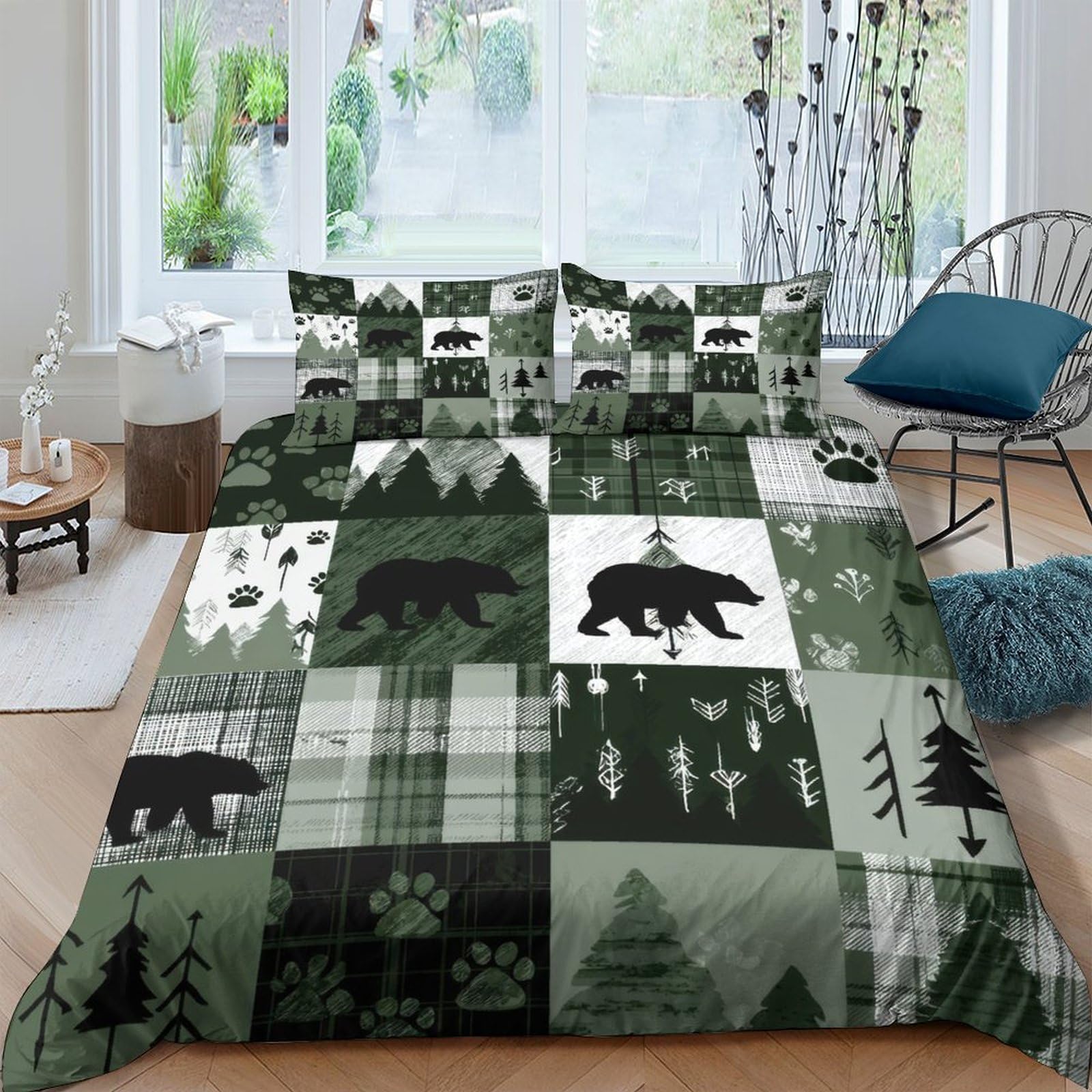 Ctjqhvkz Style-9 3D Printed Forest Bear Fitted Sheet Microfiber Soft Green Plaid Pine Tree Mattress Cover For Bedroom Guest Room Decor Single（135X200cm）