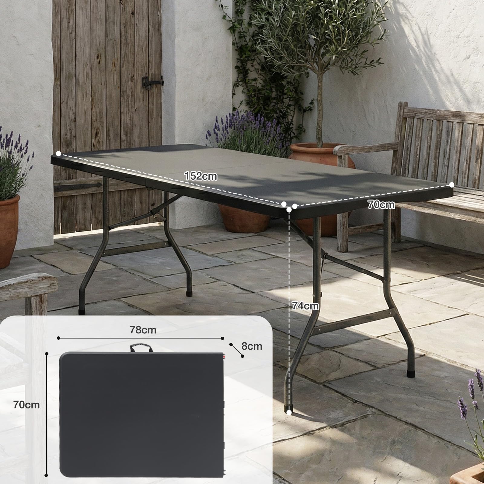 Sekey Gartentisch Klappbar Wetterfest | Klapptisch 152x70 cm Tisch Klappbar Kunststoff 6 Personen | Campingtisch Balkontisch Buffettisch Partytisch mit Tragegriff, Schwarz