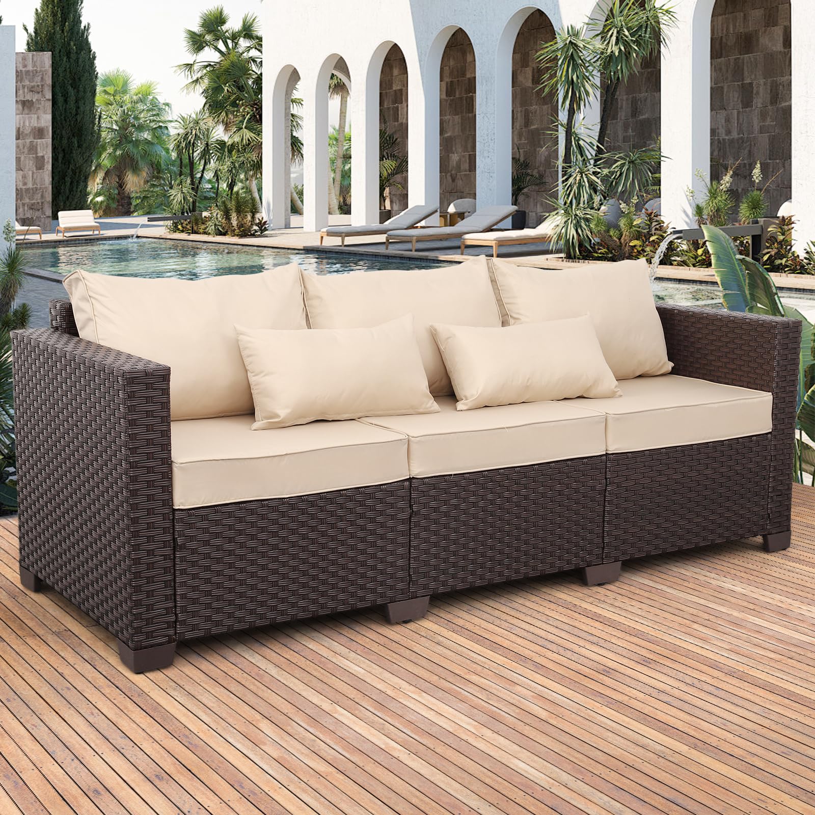 Condition photo showing New/Like New for latitude run outdoor patio furniture outdoor couch 3 seater sofa outdoor brown wicker sofa deep seat high backrest patio couch with non-slip cushions and waterproof cover, khaki
