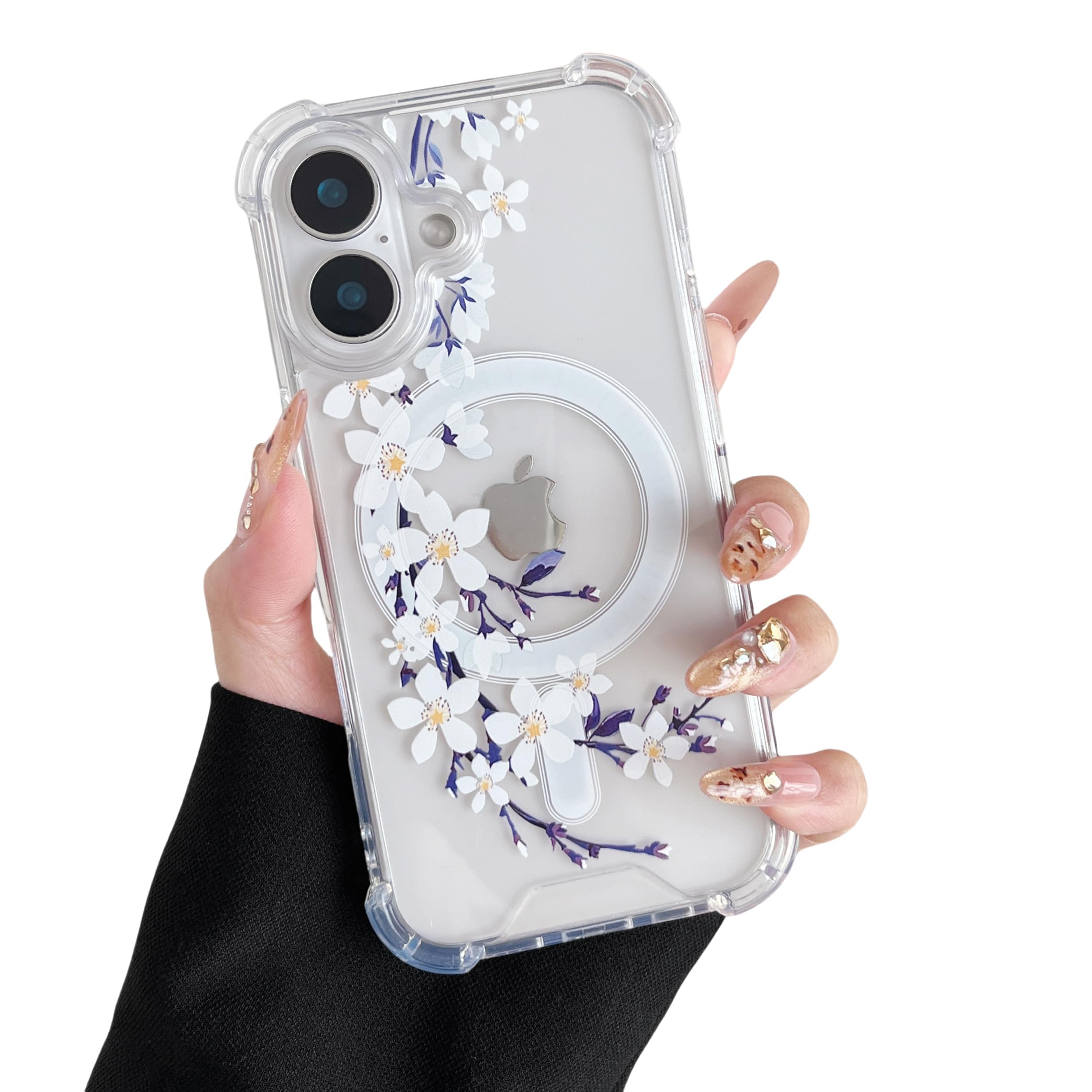 DEFBSC Magnetic Case for iPhone 16 Plus Work with Magsafe, Clear Floral Flower Pattern Print Design Flexible Acrylic Shockproof Cover for Women Girls,
