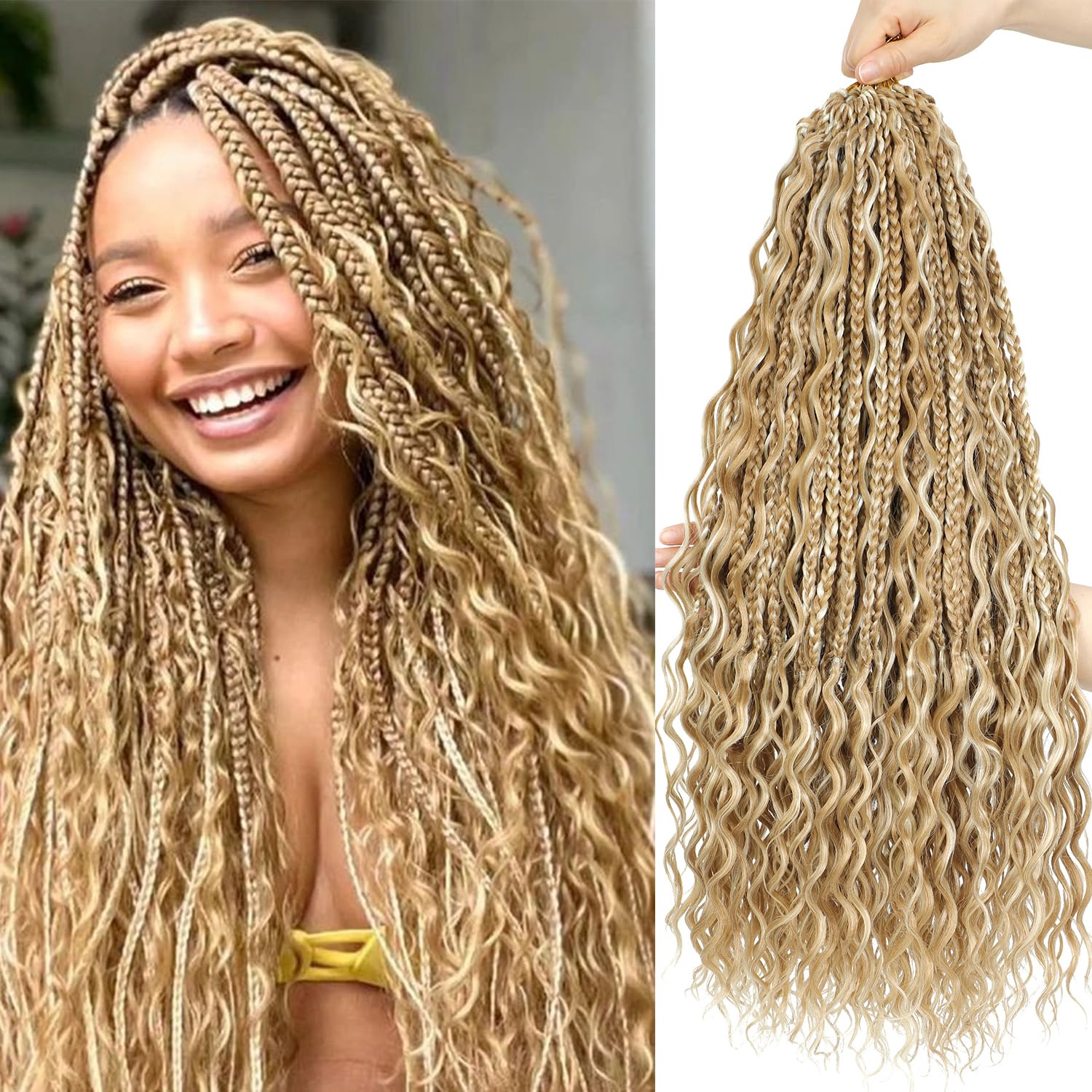 Photo 1 of SOKU Goddess Box Braids Crochet Hair 24 Inch - 8 Packs Honey Blonde Boho Bohemian Box River Braids Pre-looped Platinum Blonde Synthetic Braiding Hair with Curly Ends for Women (24 Inch, P27/613)