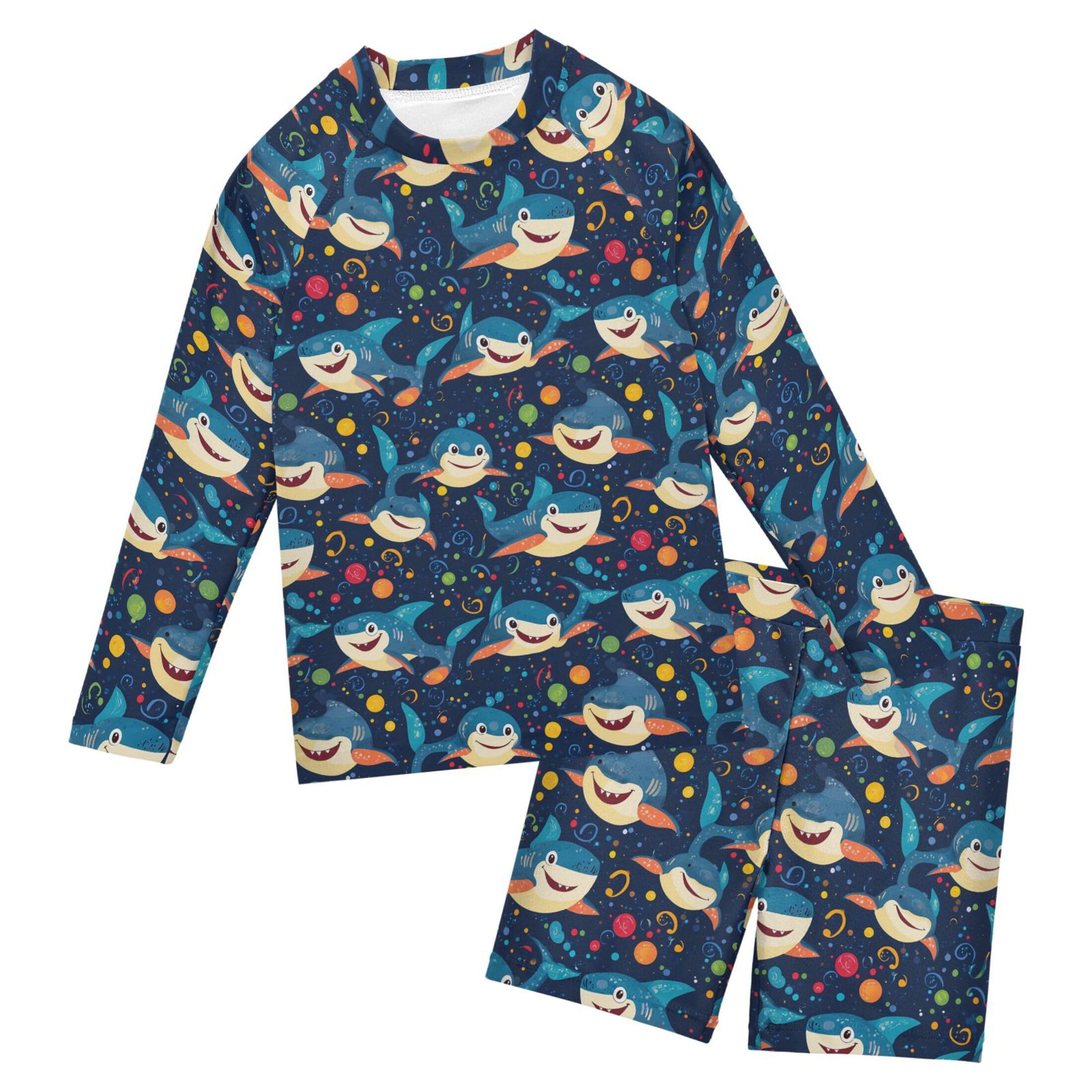Cute Shark Boys Rash Guard Swimsuits Set for Boys Long Sleeve Swim Shirts Bathing Suits with Trunks B0404965