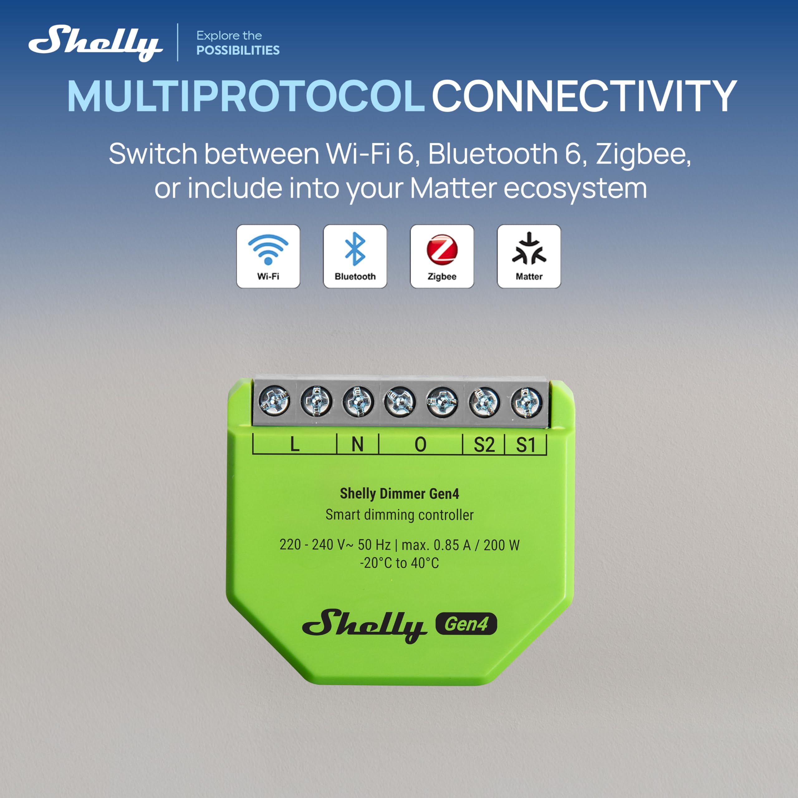 Shelly Dimmer Gen4 - Dimmer Smart WiFi, Certificato Matter, Per Luci Dimmerabili, Interruttore Zigbee, LED Strip, Timer, Senza Neutro, Nessun Hub Richiesto, Alexa, Google Home e Apple HomeKit