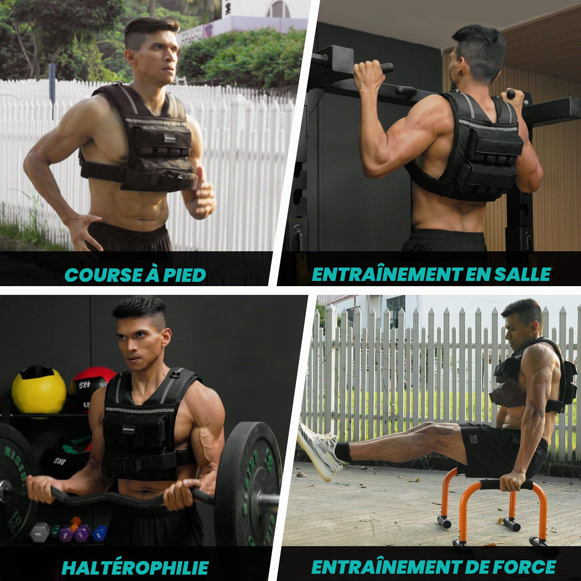 ONETWOFIT Gilet lesté réglable pour homme de 20kg, Veste lestée gilet de rucking pour la marche avec fermeture éclair, 16 poids en silicone/Fer,avec bandes réfléchissantes,Entraînement quotidien