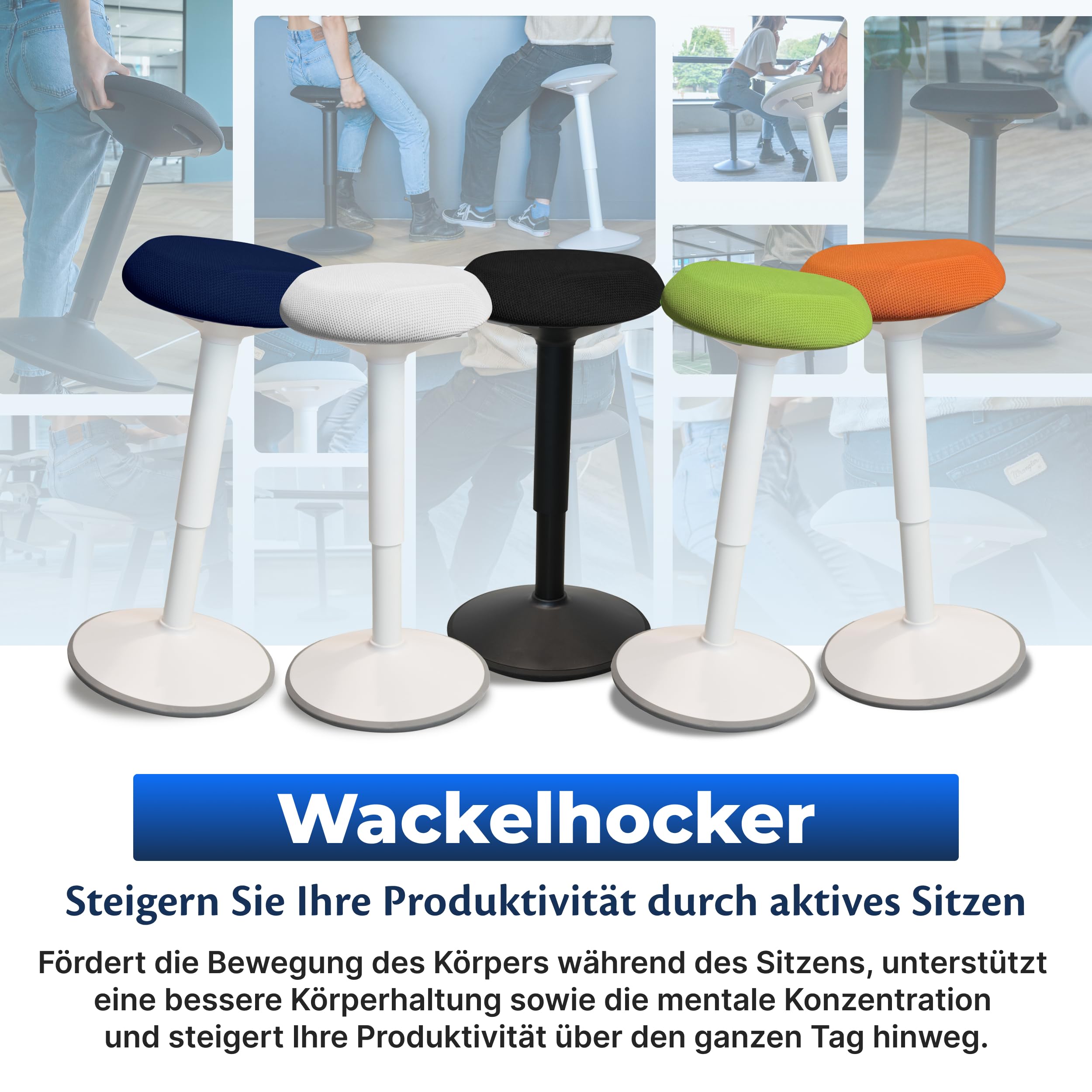 Ergonomischer Hocker TESTSIEGER - Bürohocker Höhenverstellbar [55-80cm] Stehhocker für Büro mit Schwingeffekt - Büro Stehstuhl - Rutschfester Sitzhocker Ergonomisch - Wackelhocker Büro - Mattschwarz