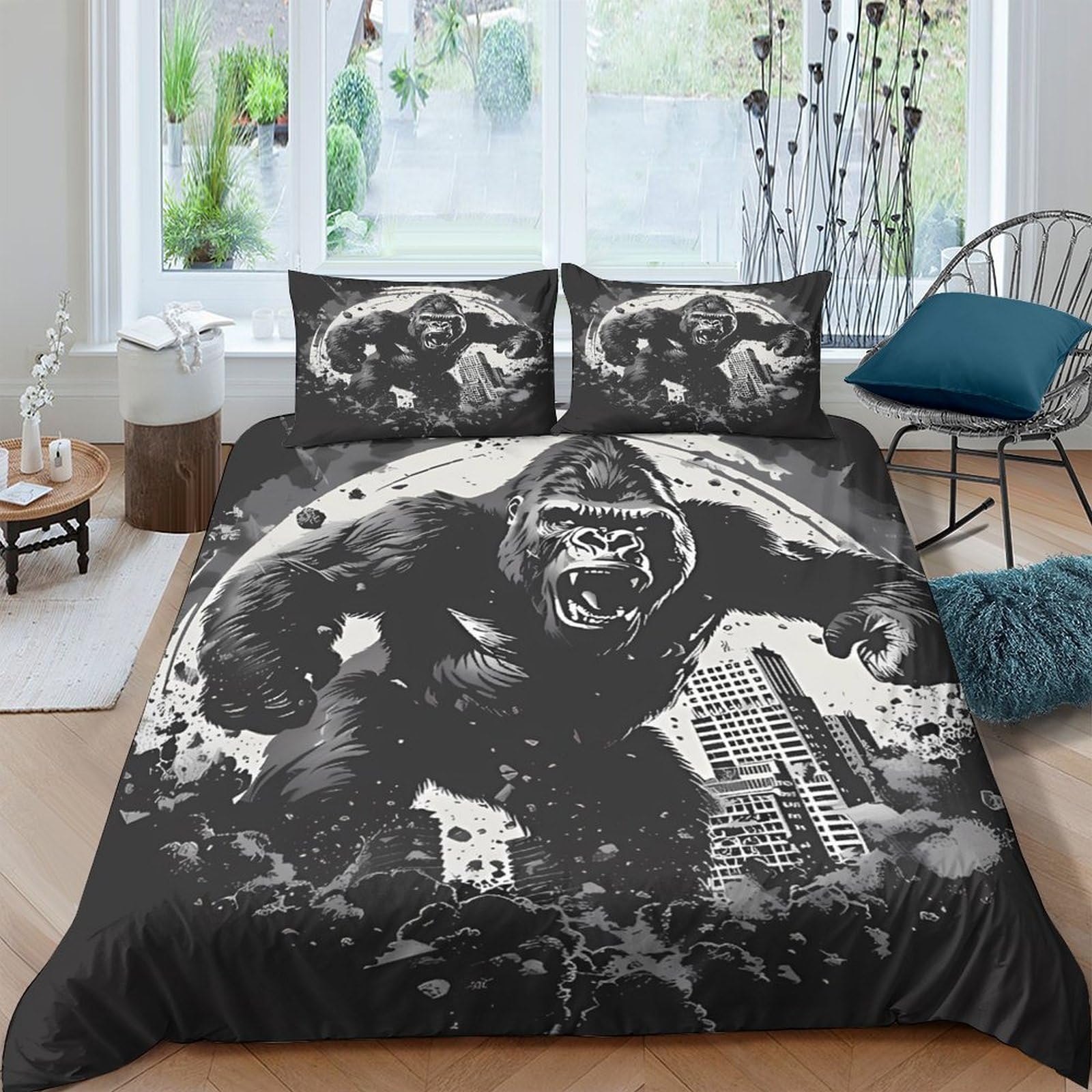 GPLZQXKJNH 3D Printed Gorilla Cityscape Duvet Cover Set Microfiber Breathable Soft with 2 Pillowcases for Bedroom Decor Single（135x200cm）