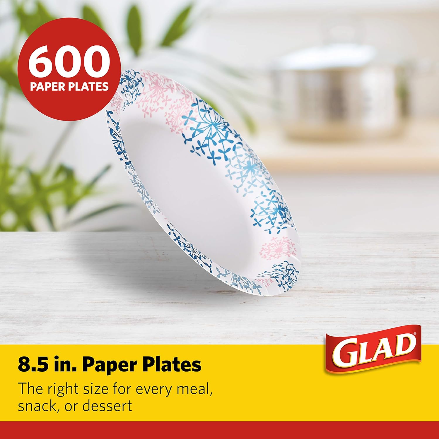 Glad Round Disposable Paper Plates, Heavy Duty Soak Proof Cut Proof Microwave Safe Pink Dinner Plates for Parties, Picnics, and Everyday Meals, Pink Hydrangea Pattern, 8.5 Inch, 50 Count - 12 Pack